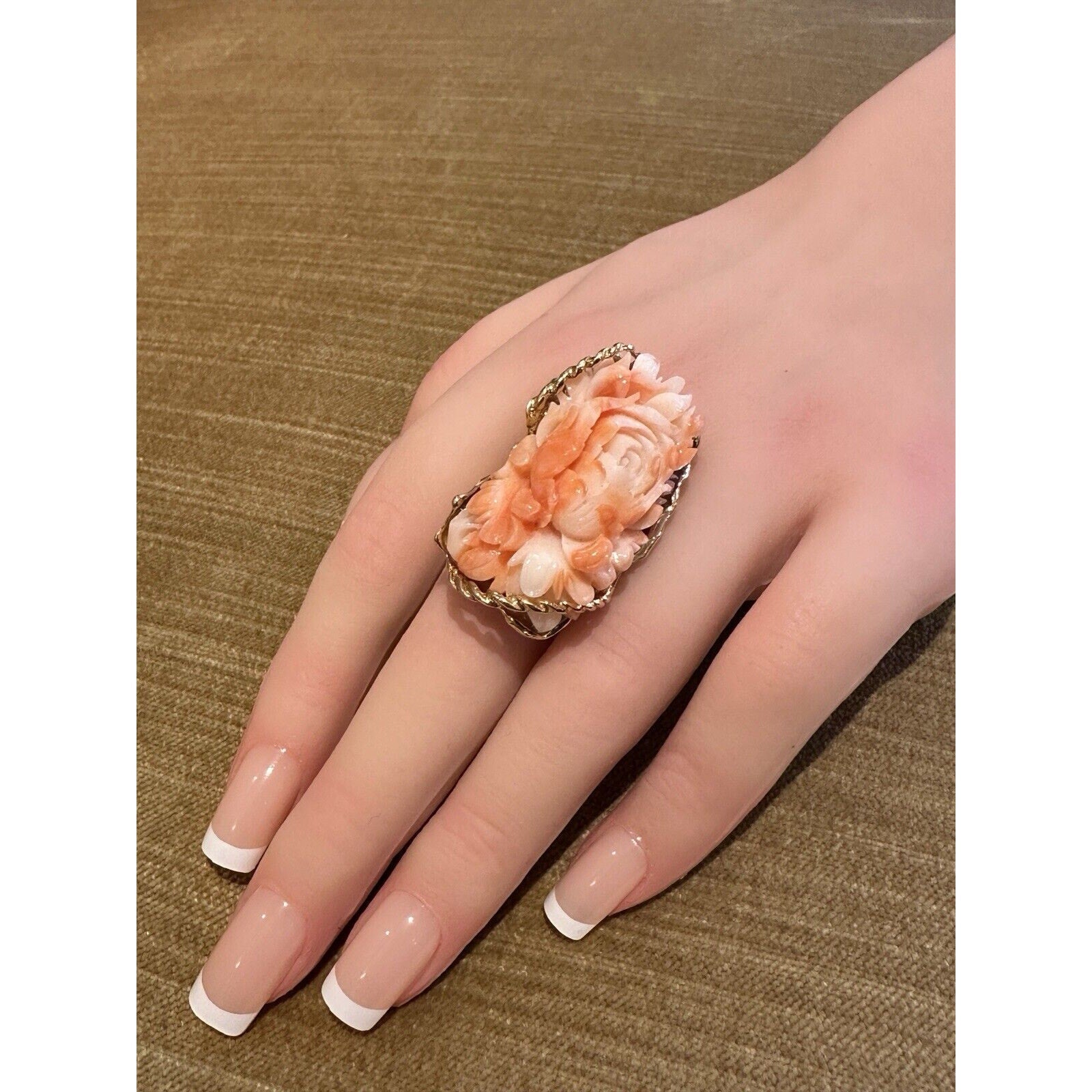 Carved Rose Angel Skin Coral Ring in 18k Yellow Gold