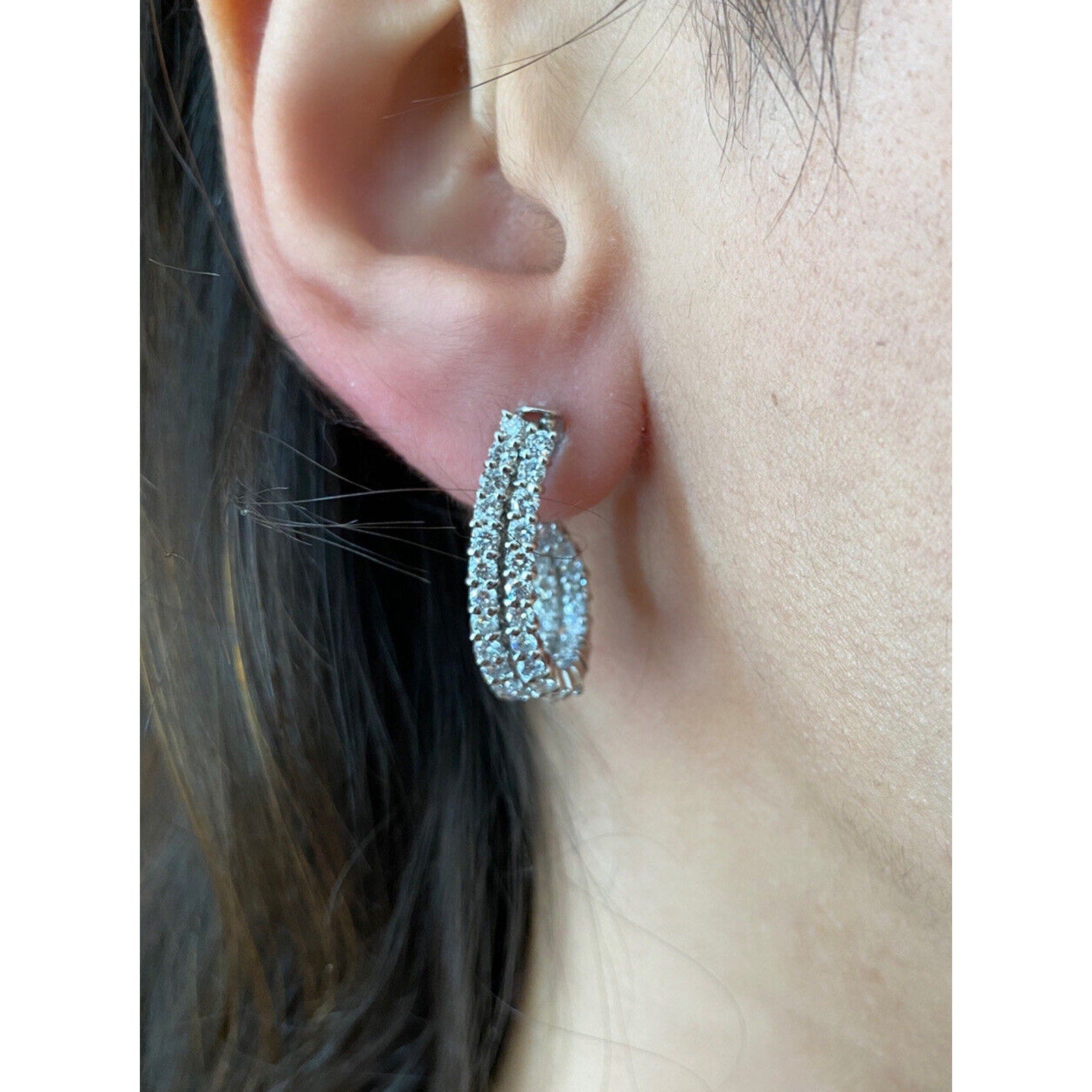 Double Row Diamond Hoop Earrings 3.00 cttw in Platinum/18k--HM1913A3