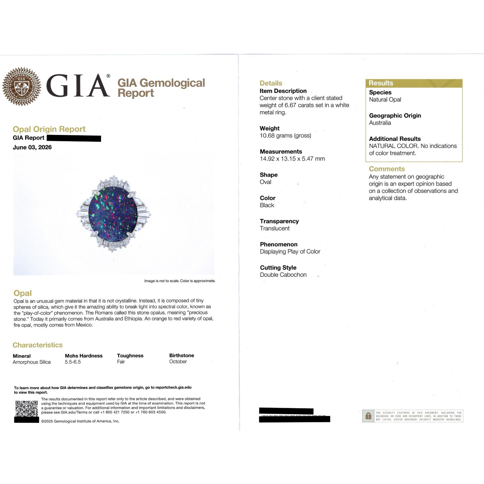 Natural 6.67 ct Black Opal & Diamond Ring in Platinum