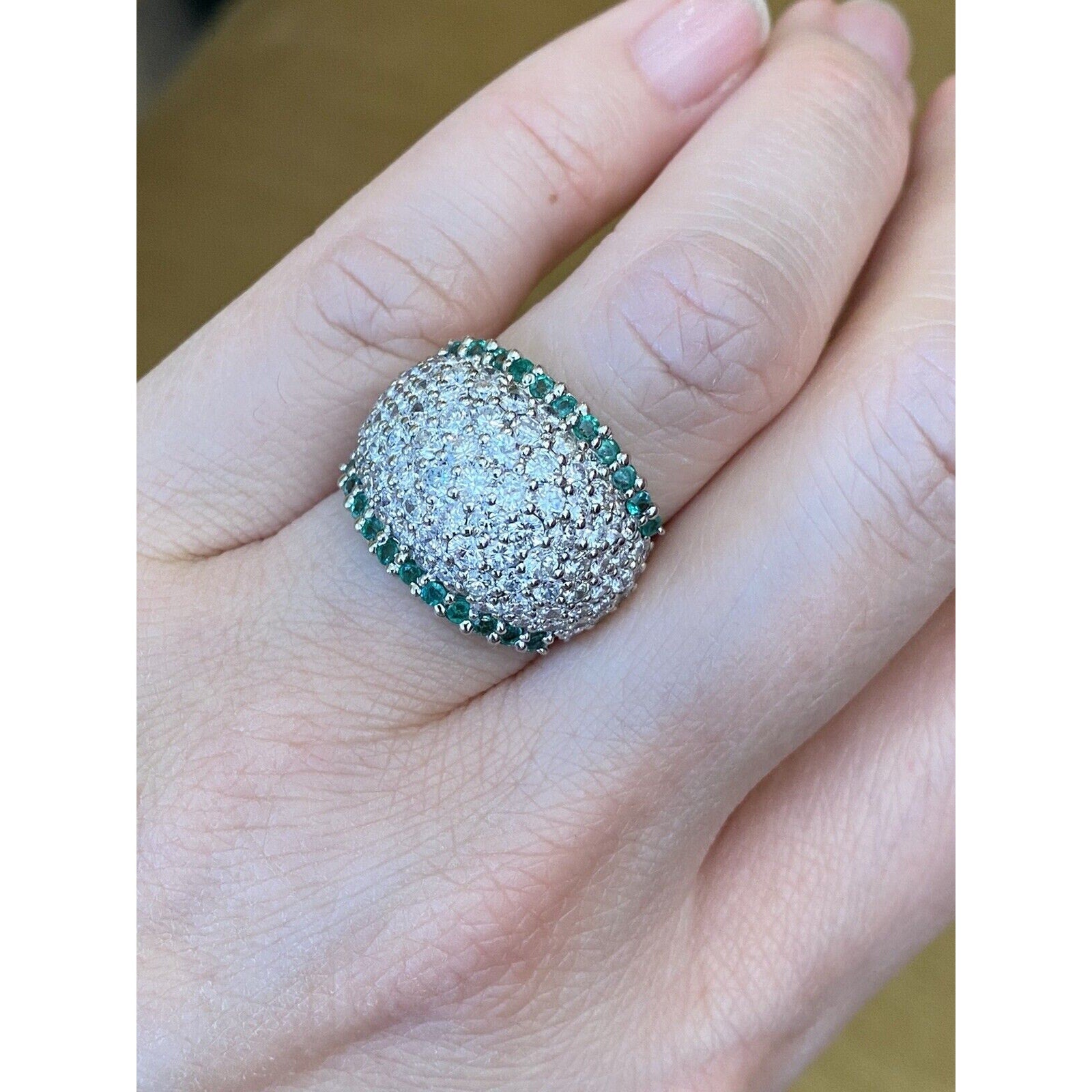 Estate Emerald & Diamond Wide Pave Dome Ring in Platinum