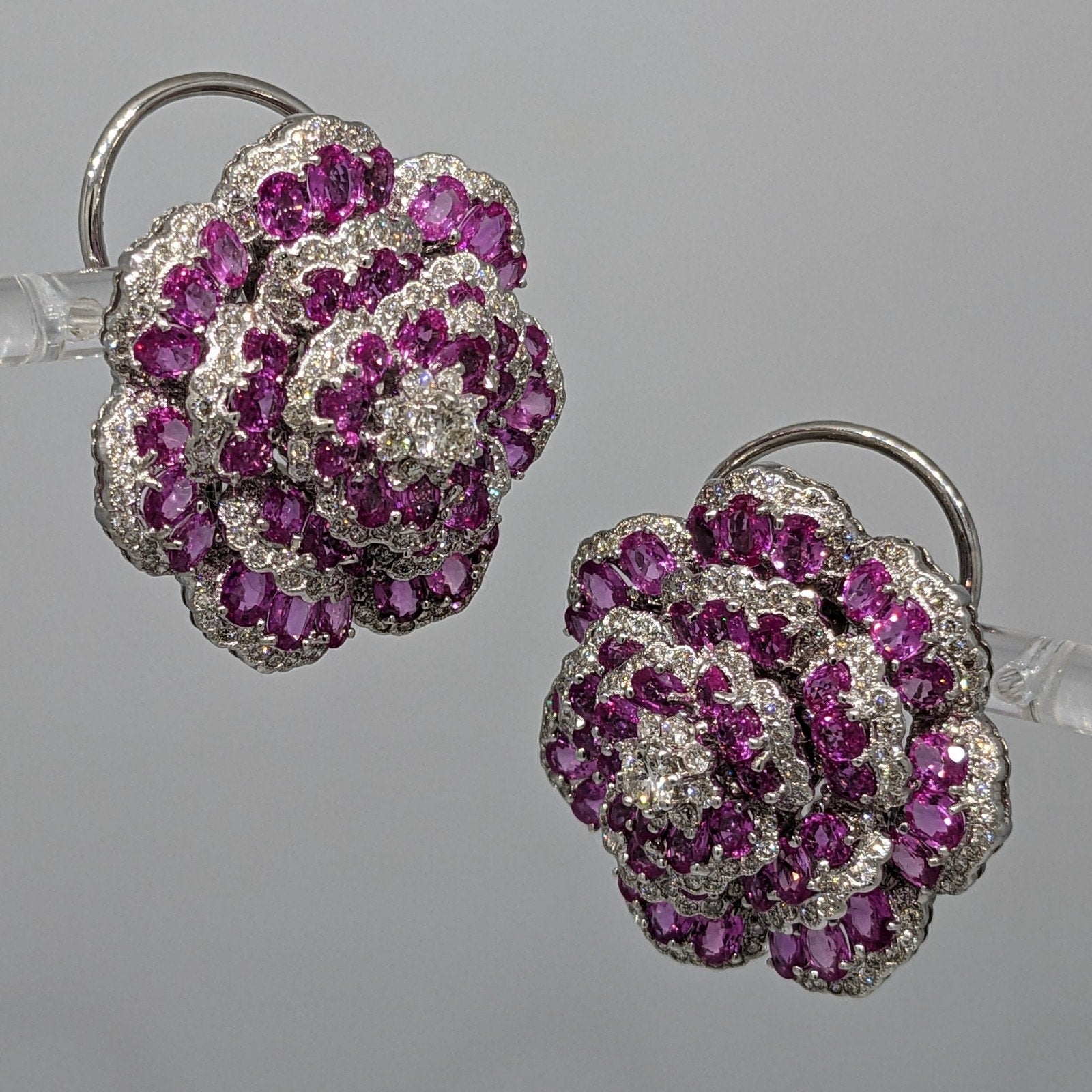 Pink Sapphire and Diamond Tiered Flower Earrings in 18k White Gold