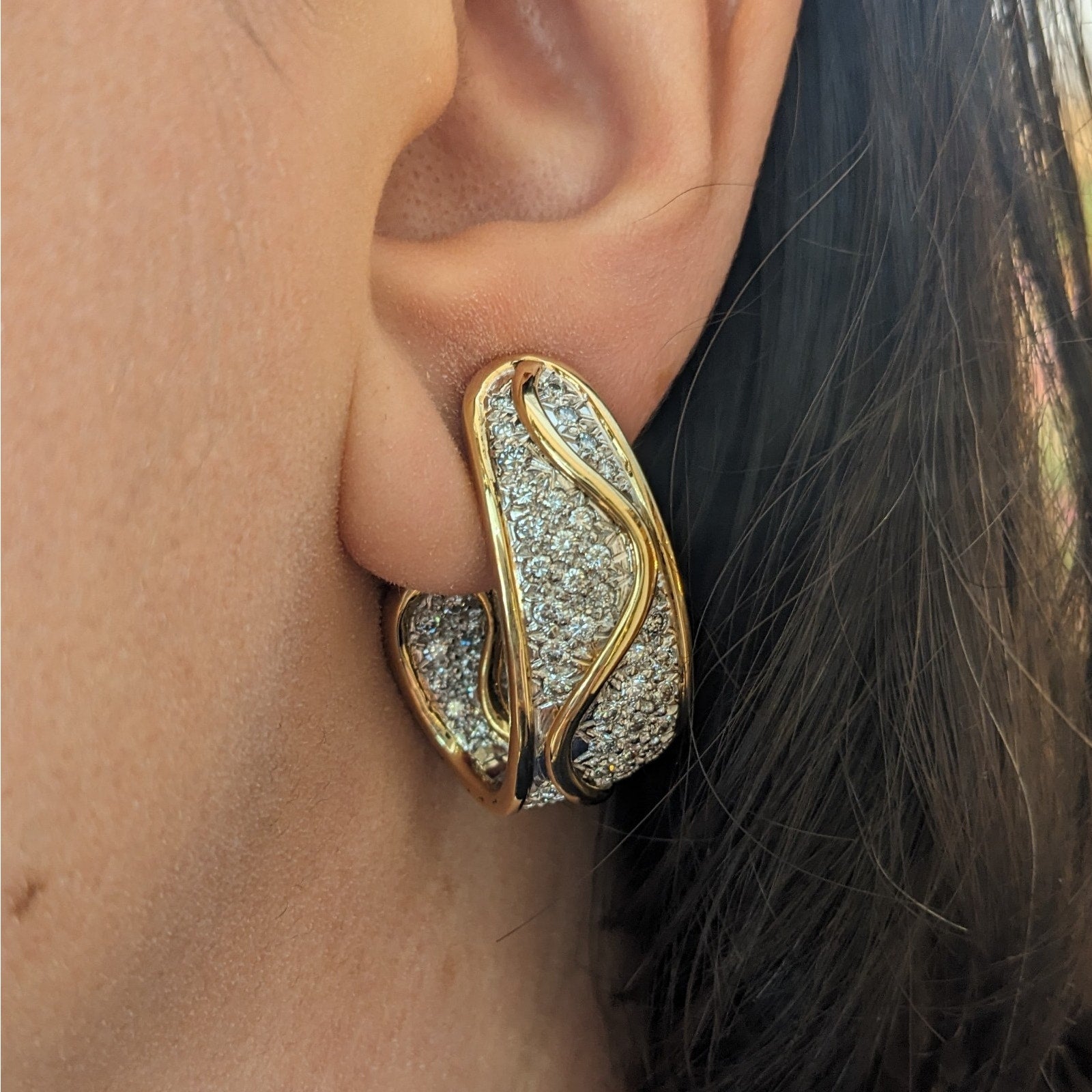 Wide Diamond Hoop Earrings in Platinum & 18k Yellow Gold