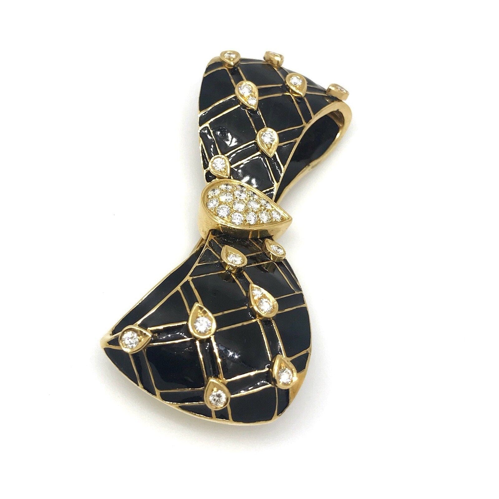 Large Black Enamel and Diamond Bow Pin / Brooch in 18k Yellow Gold