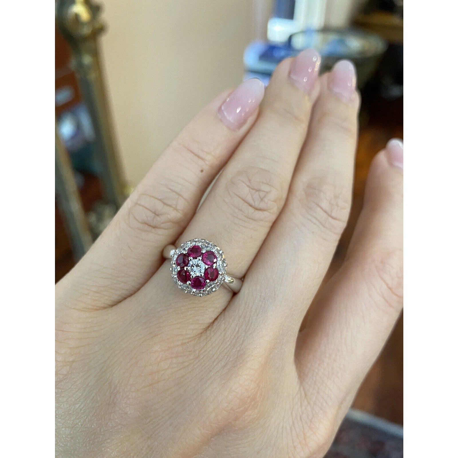 Diamond and Ruby Pave Flower Ball Ring in Platinum