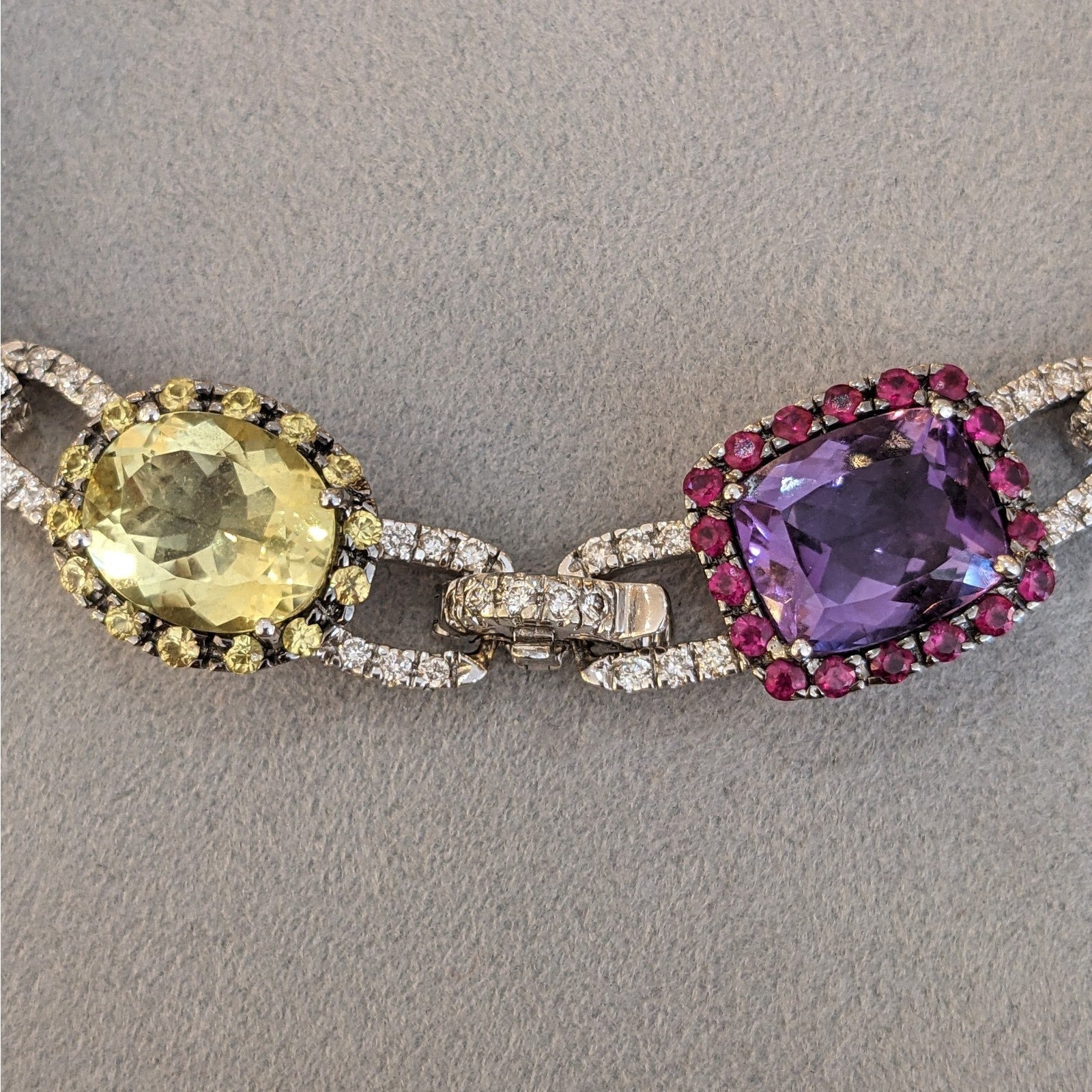 Multi-Color Gemstone Necklace with Diamonds in 18k White Gold