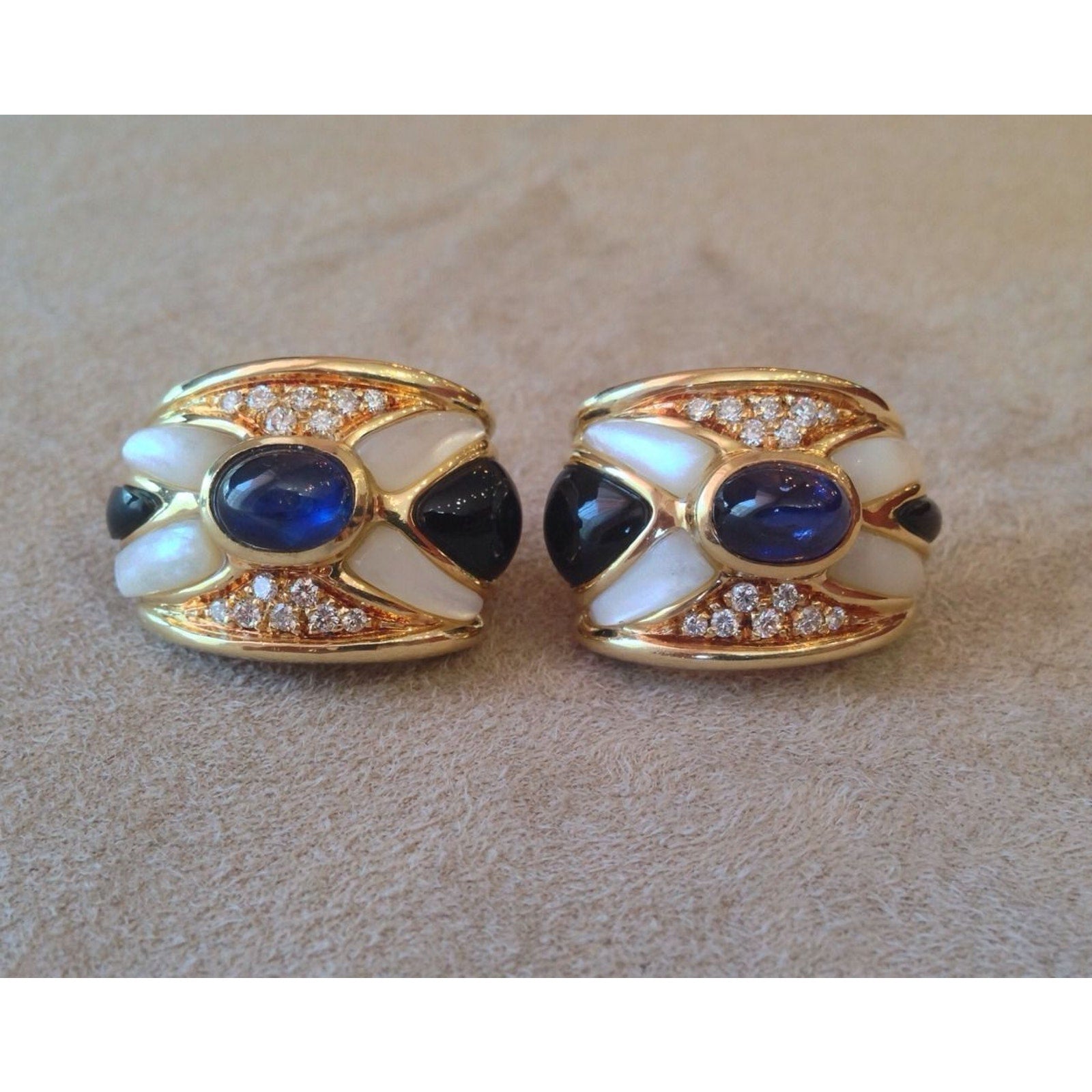 Sapphire, Diamond and Onyx Half Hoop Earrings in 18K Yellow Gold