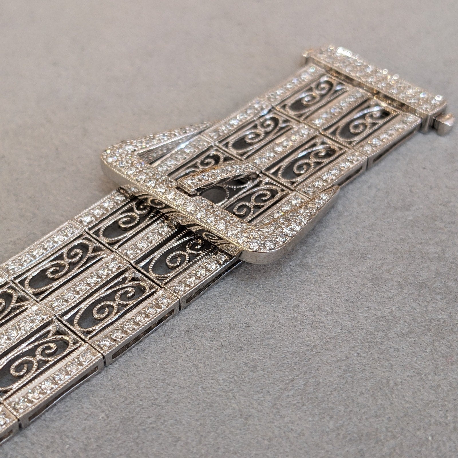Wide Vintage Diamond Buckle Bracelet in 18k White Gold