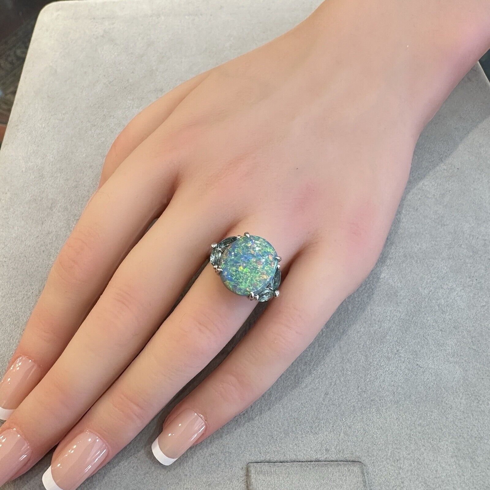 GIA 6.55 ct Black Opal & Aquamarine Ring in Platinum