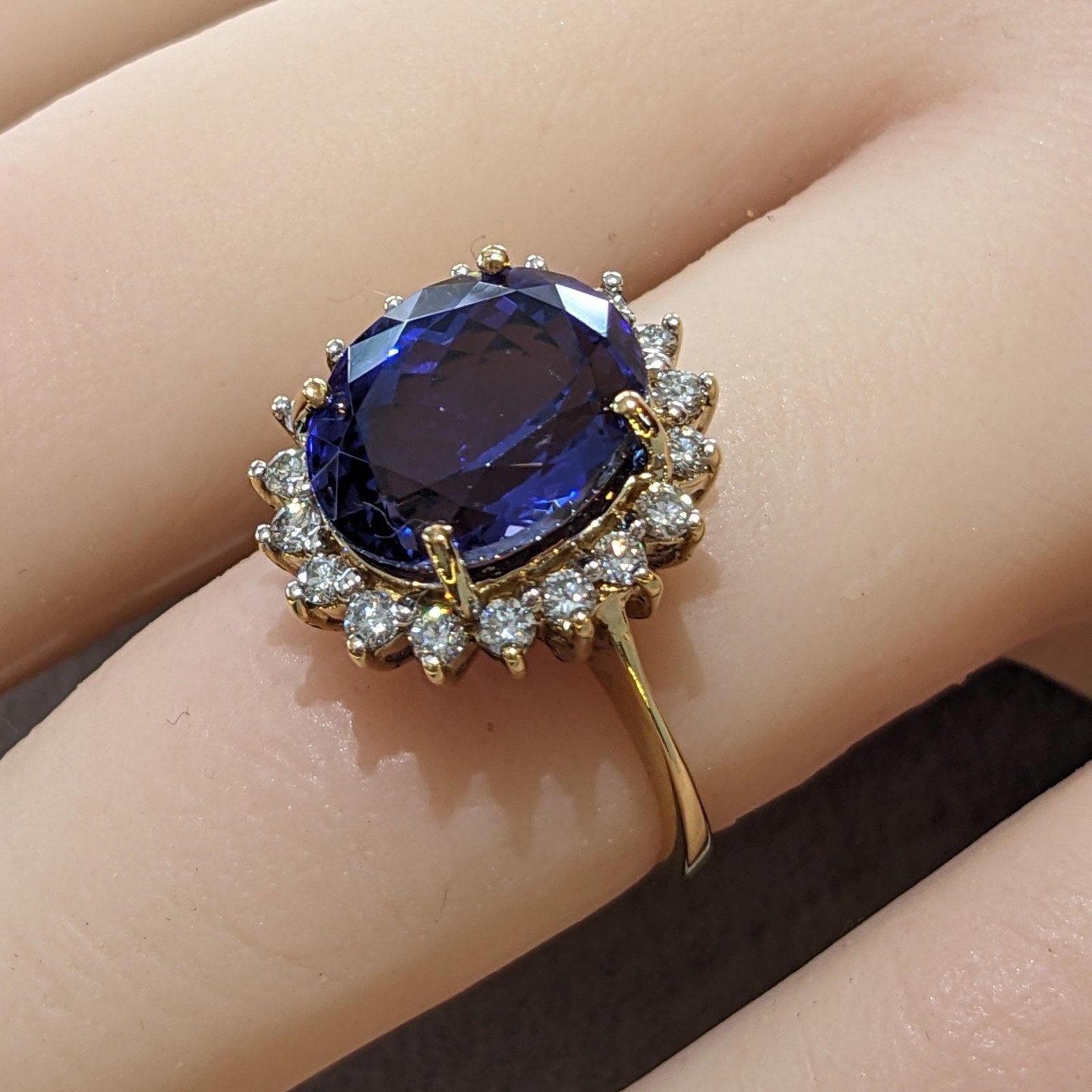 Estate 5cts Oval Tanzanite Ring with Halo Diamonds in 18k Yellow Gold