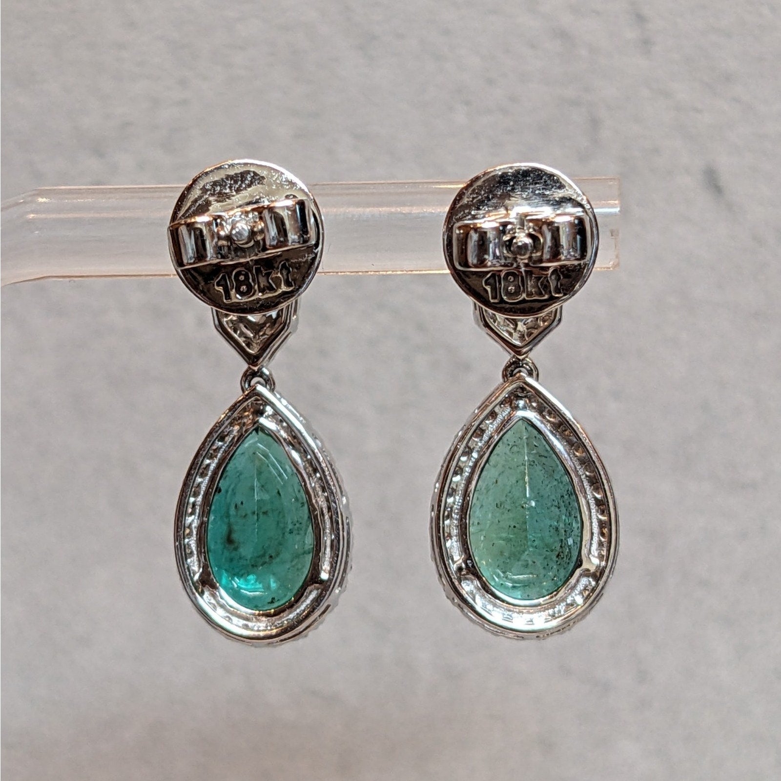 Pear Emerald and Diamond Drop Earrings in 18k White Gold