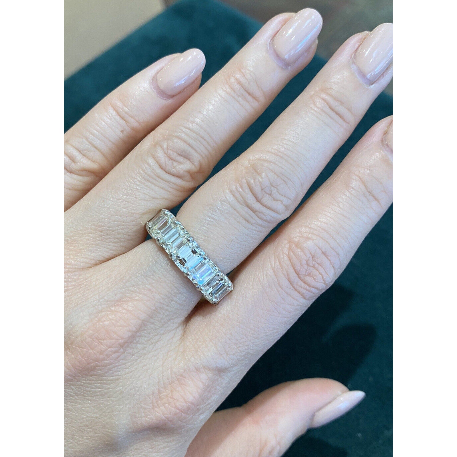 15.16 cts. Emerald Cut Diamond Eternity Band Ring in Platinum Size 6.5