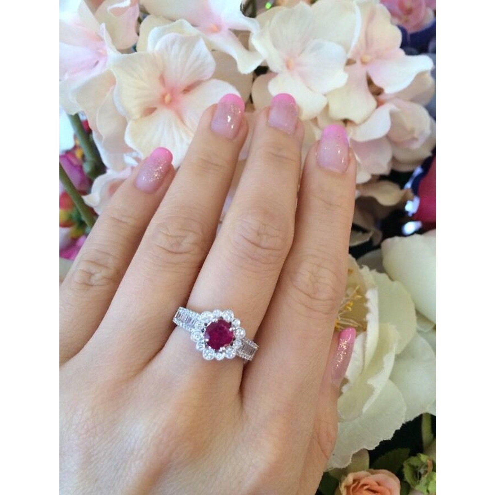 Ruby and Diamond Halo Ring 1.43 cttw in 18K White Gold