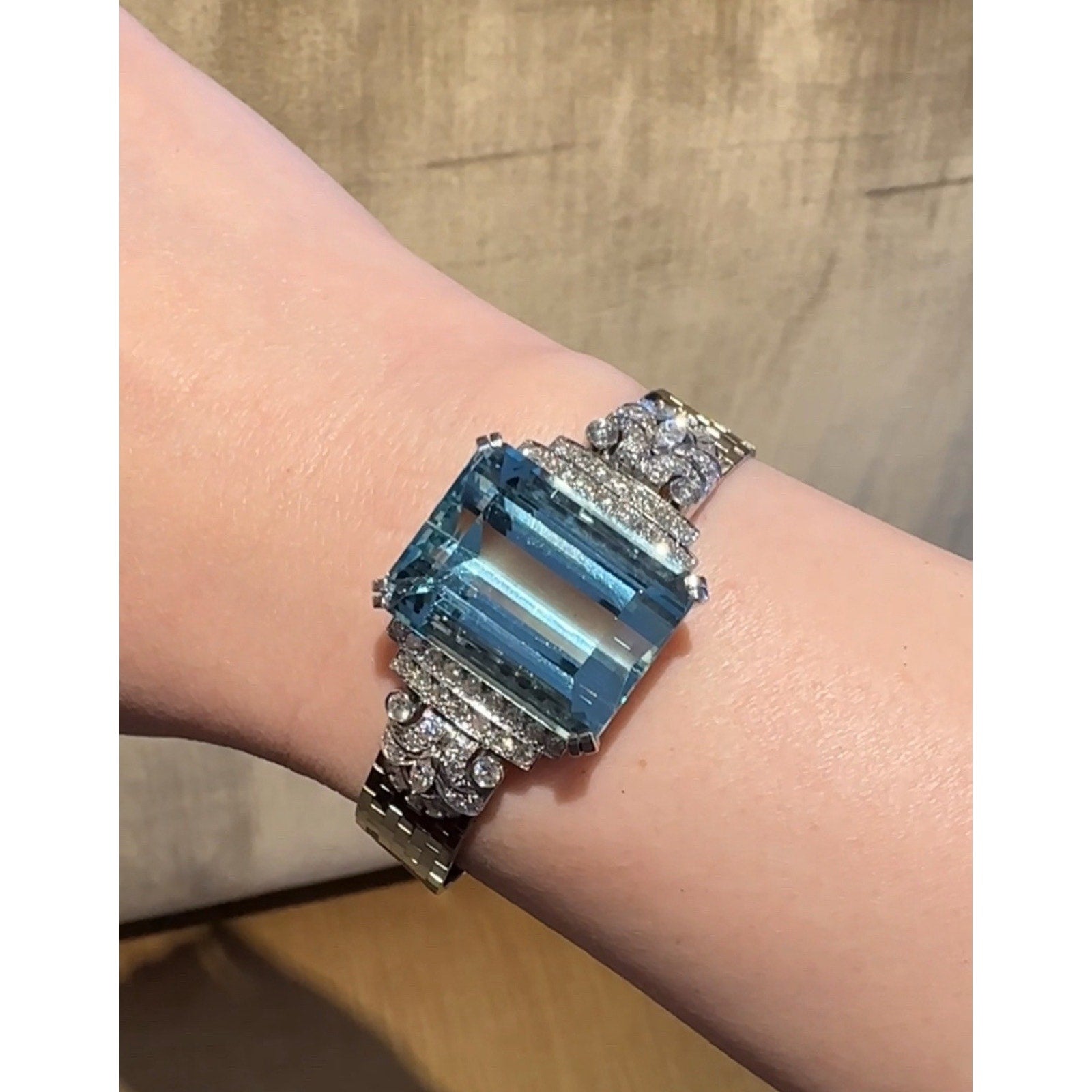 GIA Aquamarine 38.10 ct and Diamond Vintage Bracelet in Platinum and White Gold