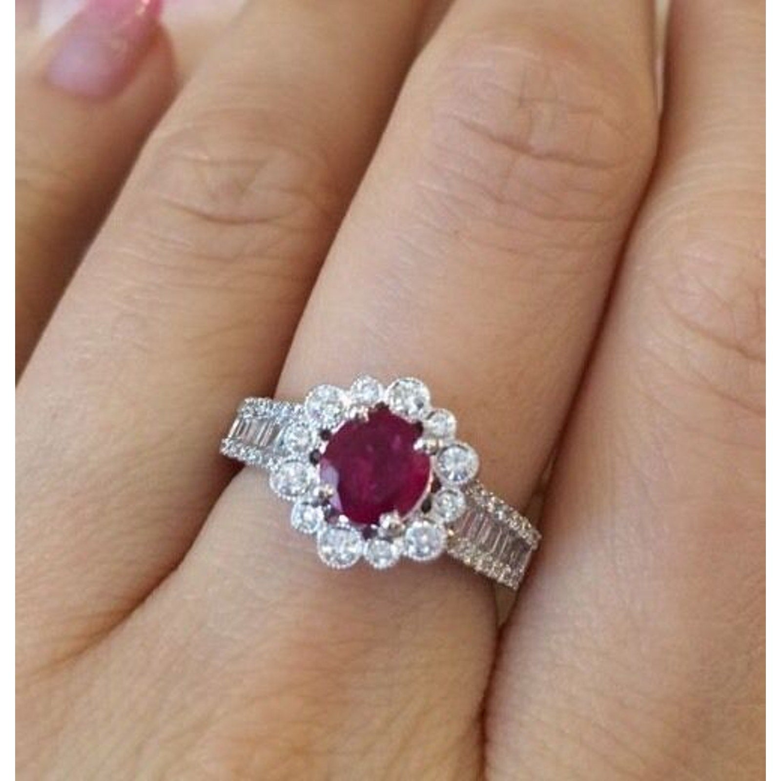 Ruby and Diamond Halo Ring 1.43 cttw in 18K White Gold
