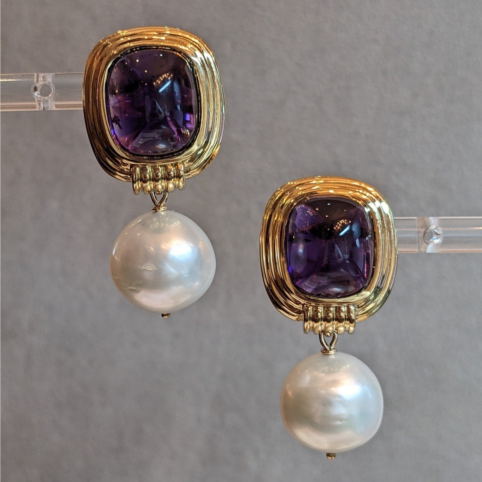 Amethyst and Pearl Dangle Drop Earrings in 18k Yellow Gold