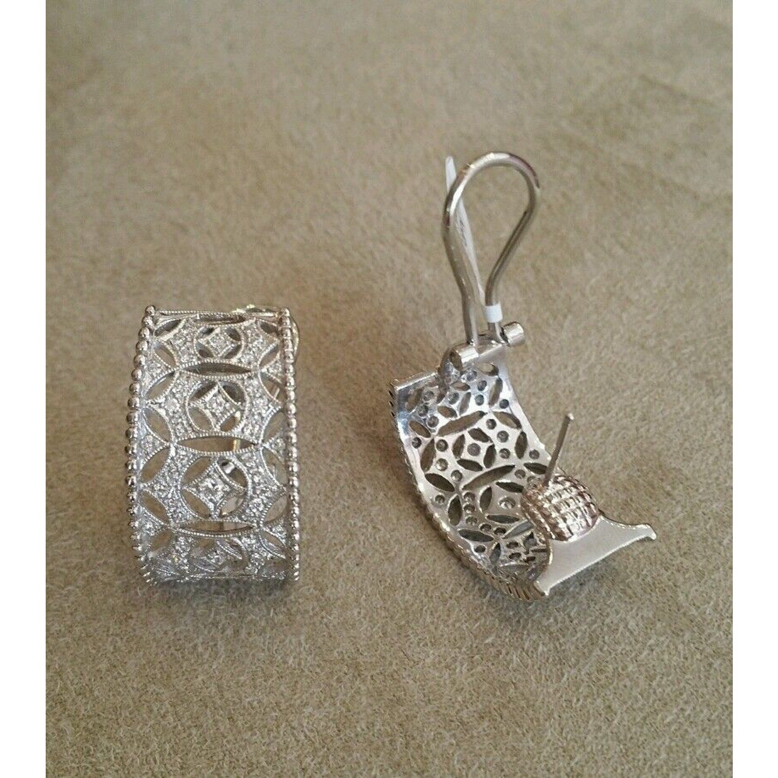 Wide Diamond Openwork Hoop Earrings in Platinum/14k Gold