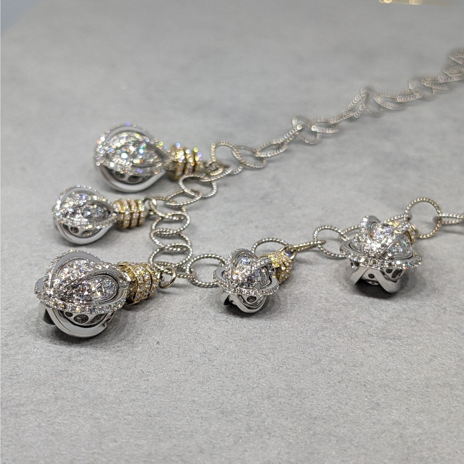 Diamond Hanging Lightbulb Charm Necklace in 18k White and Yellow Gold