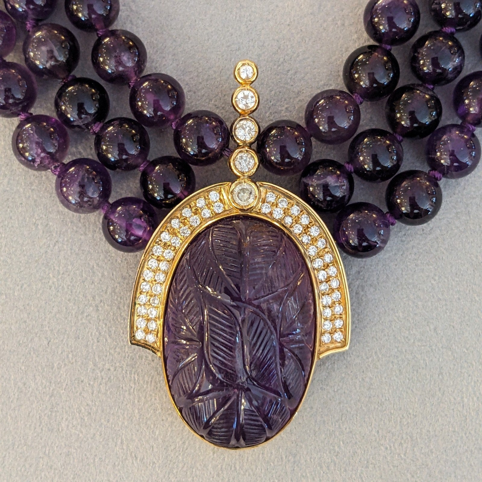 Carved Amethyst and Diamond Pendant Bead Necklace in 18k Yellow Gold
