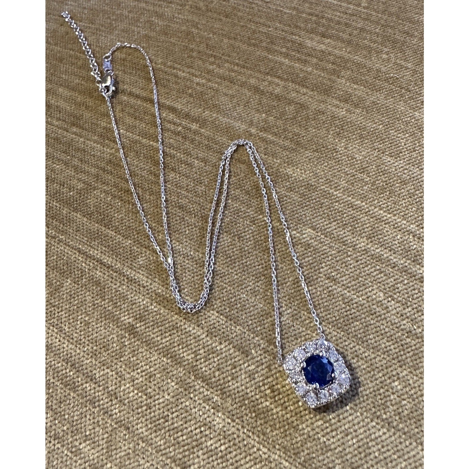 Natural Sapphire & Diamond Halo Pendant Necklace in 14k White Gold