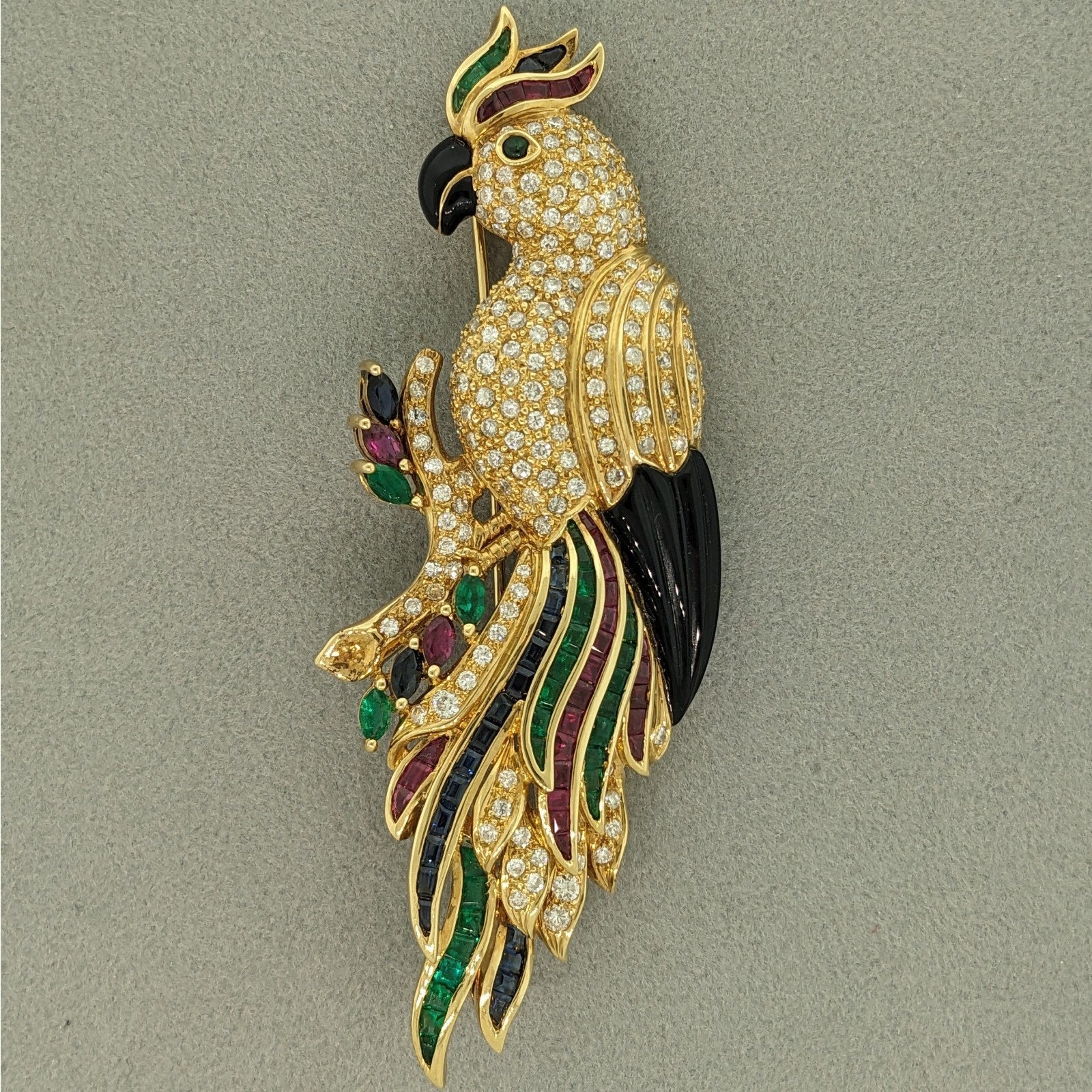 Large Parrot Pin Brooch with Diamonds and Gemstones in 18k Yellow Gold