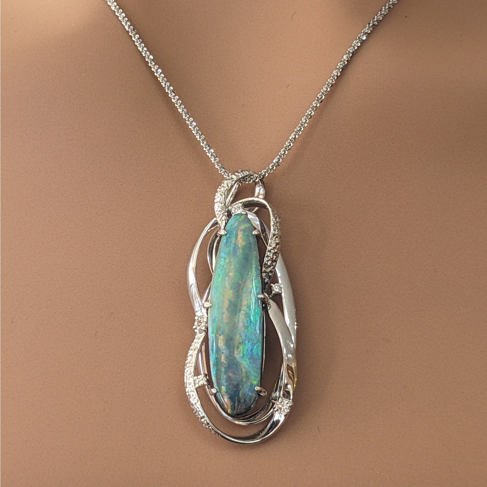 Boulder Opal and Diamond Pendant Necklace in Platinum & 18k White Gold