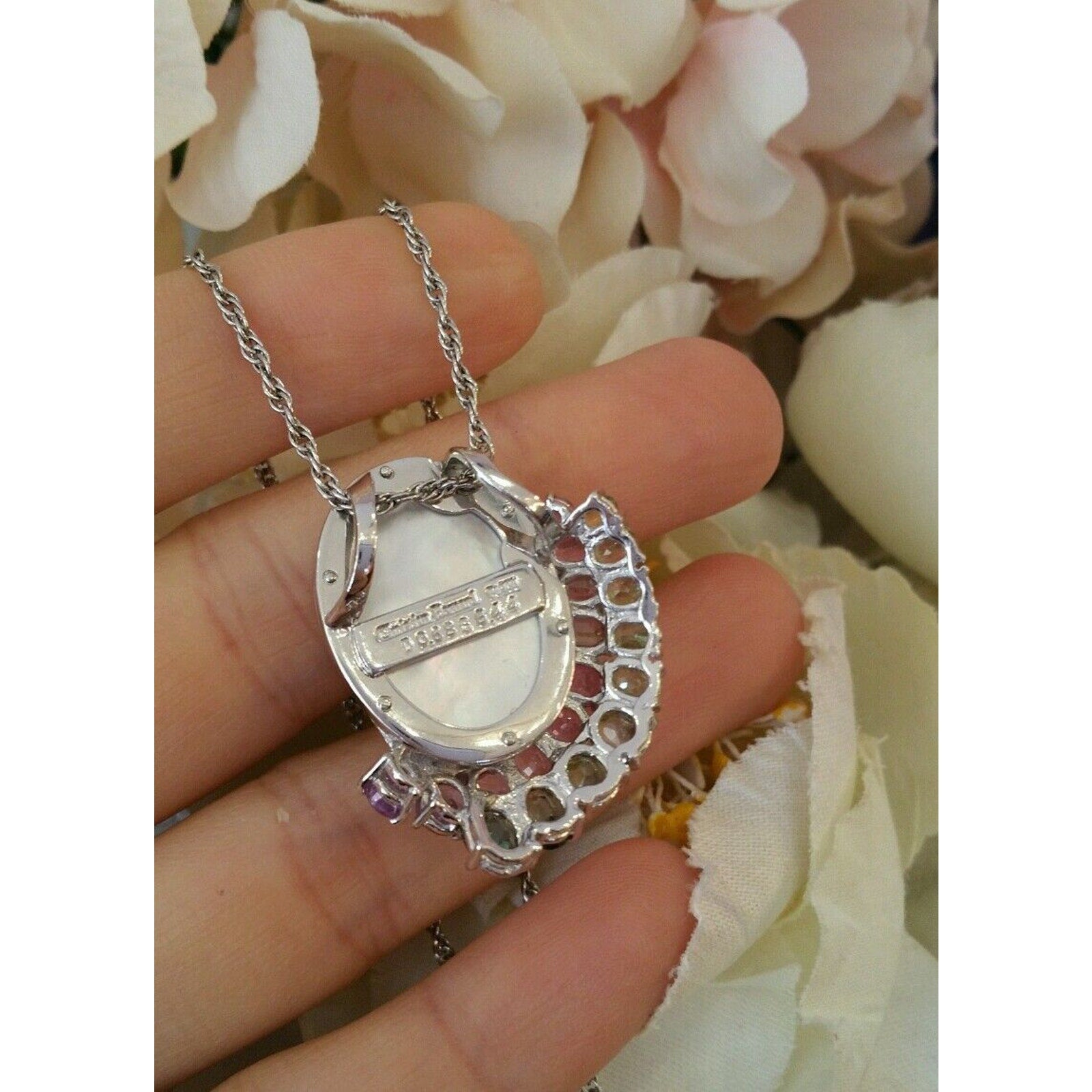 Pink & Green Sapphire, Diamond and Mother of Pearl Necklace in Platinum