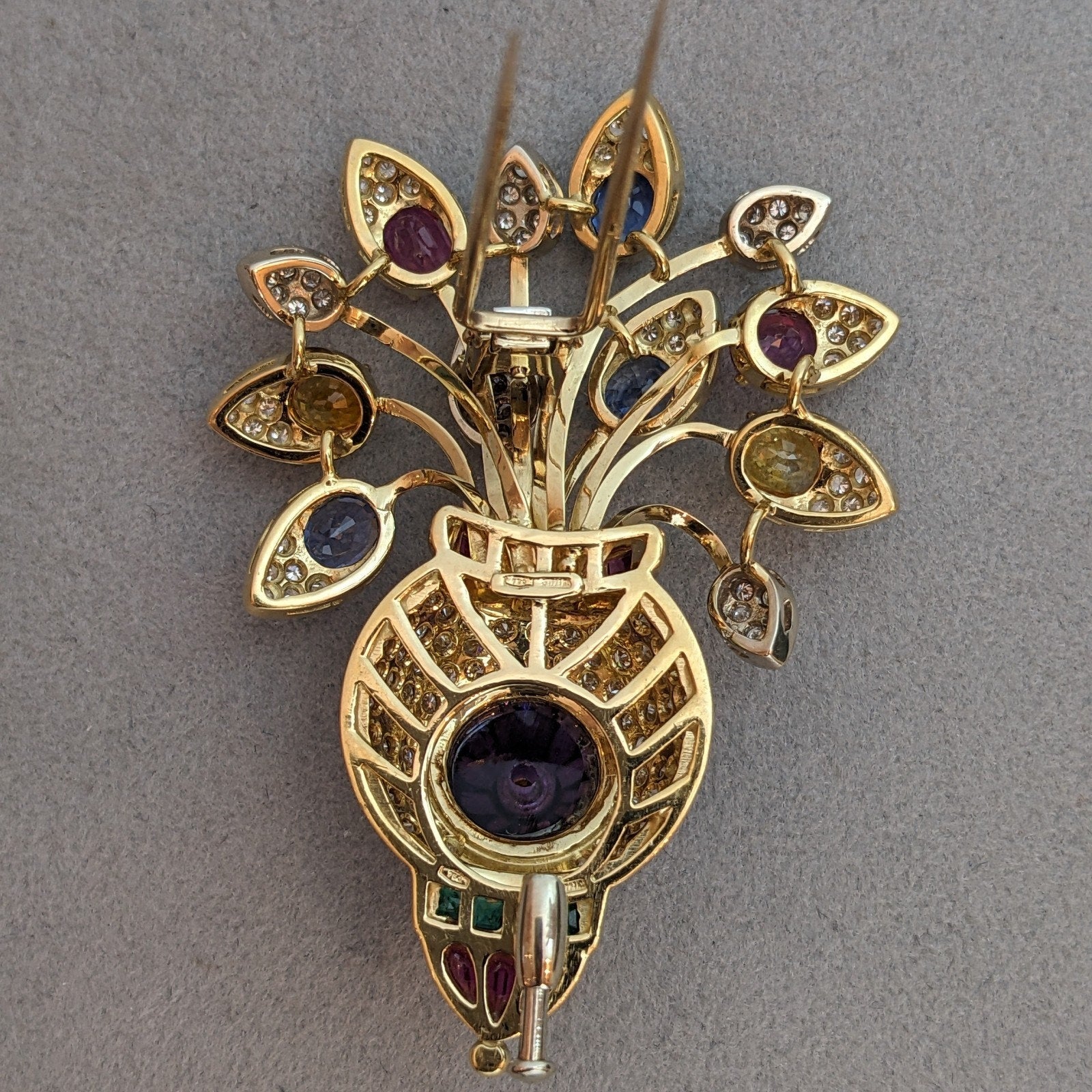 Multi-Gem Flower Pin with Diamonds and Amethyst in 18k Yellow Gold
