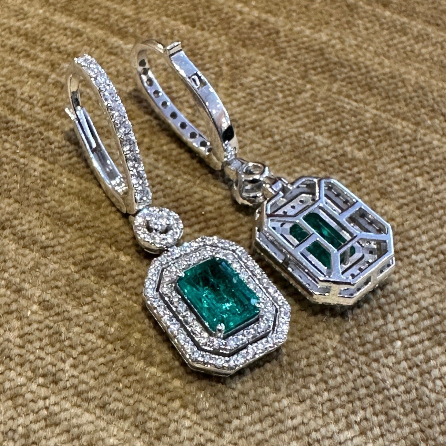 Natural Emerald & Diamond Drop Earrings in 18k White Gold