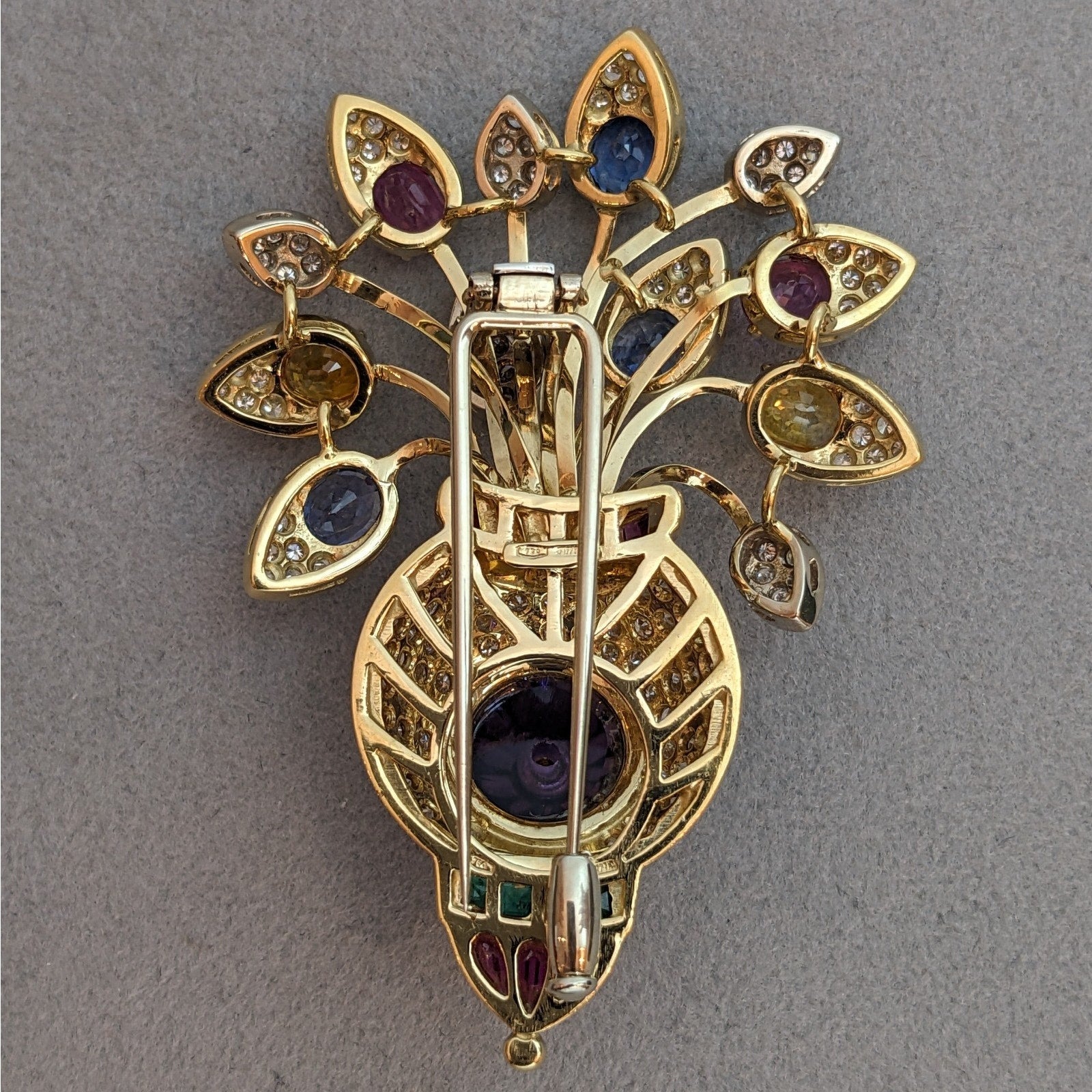 Multi-Gem Flower Pin with Diamonds and Amethyst in 18k Yellow Gold