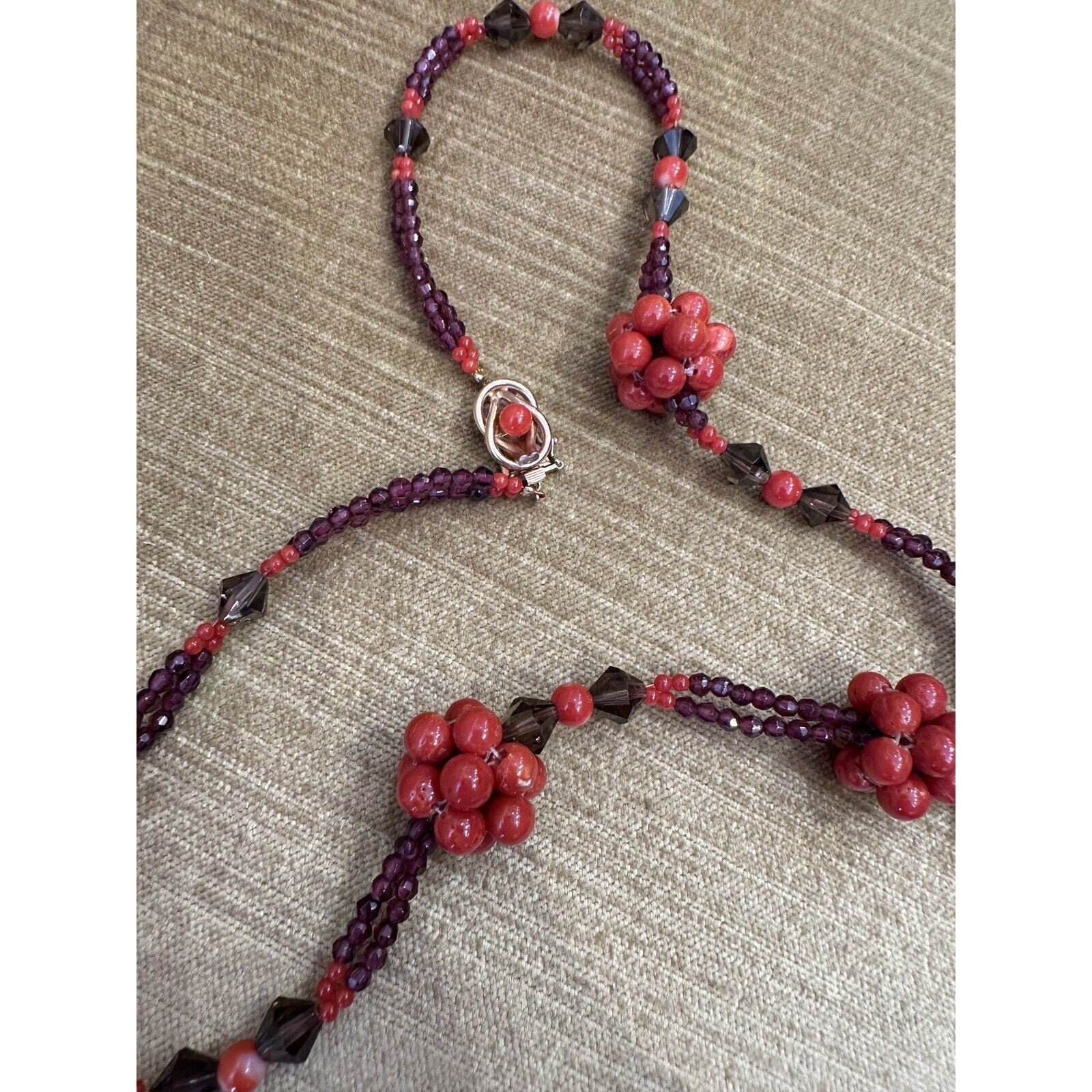 Coral, Garnet and Quartz Bead Necklace in 14k Yellow Gold