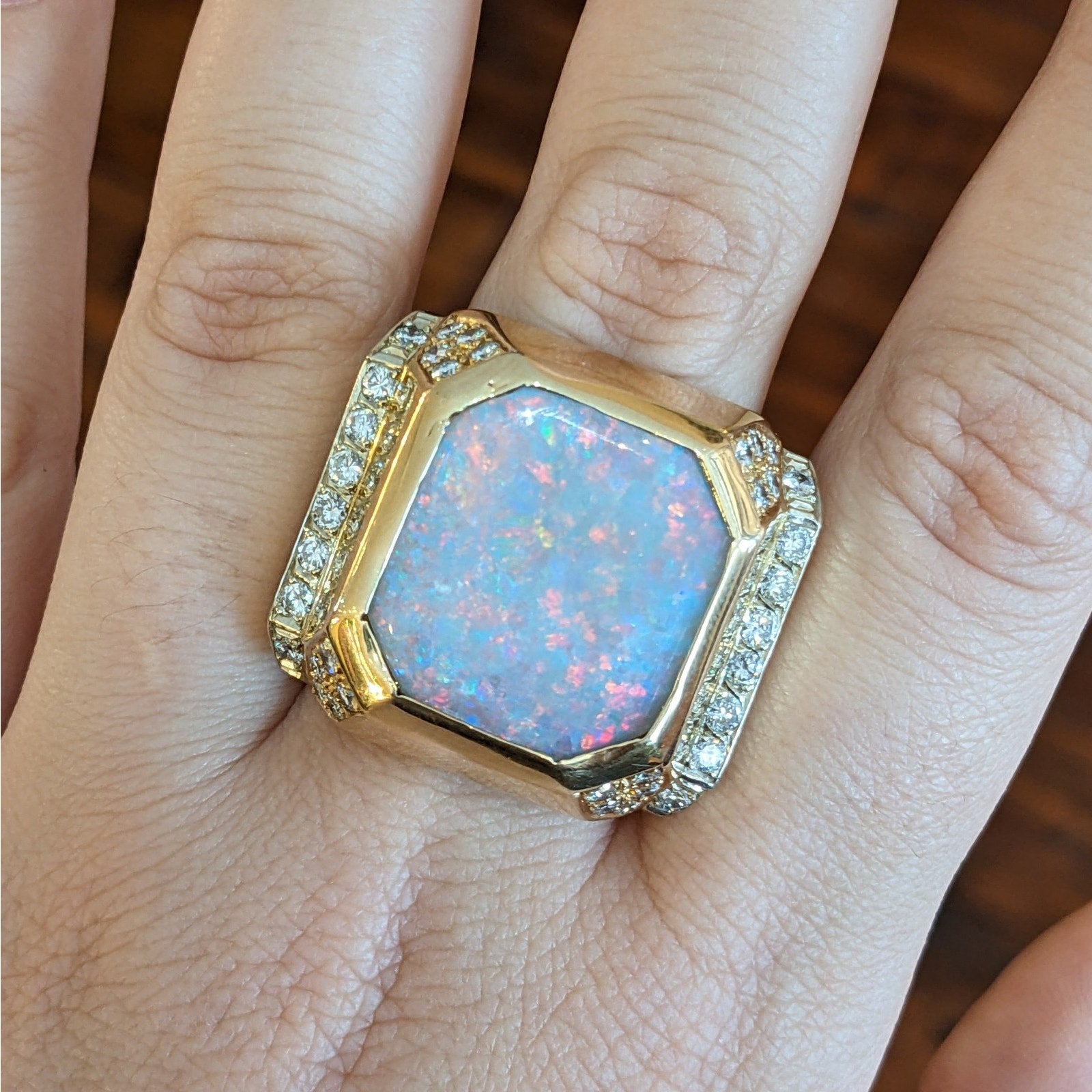Large Natural Opal Ring with Diamonds in 14k Yellow Gold