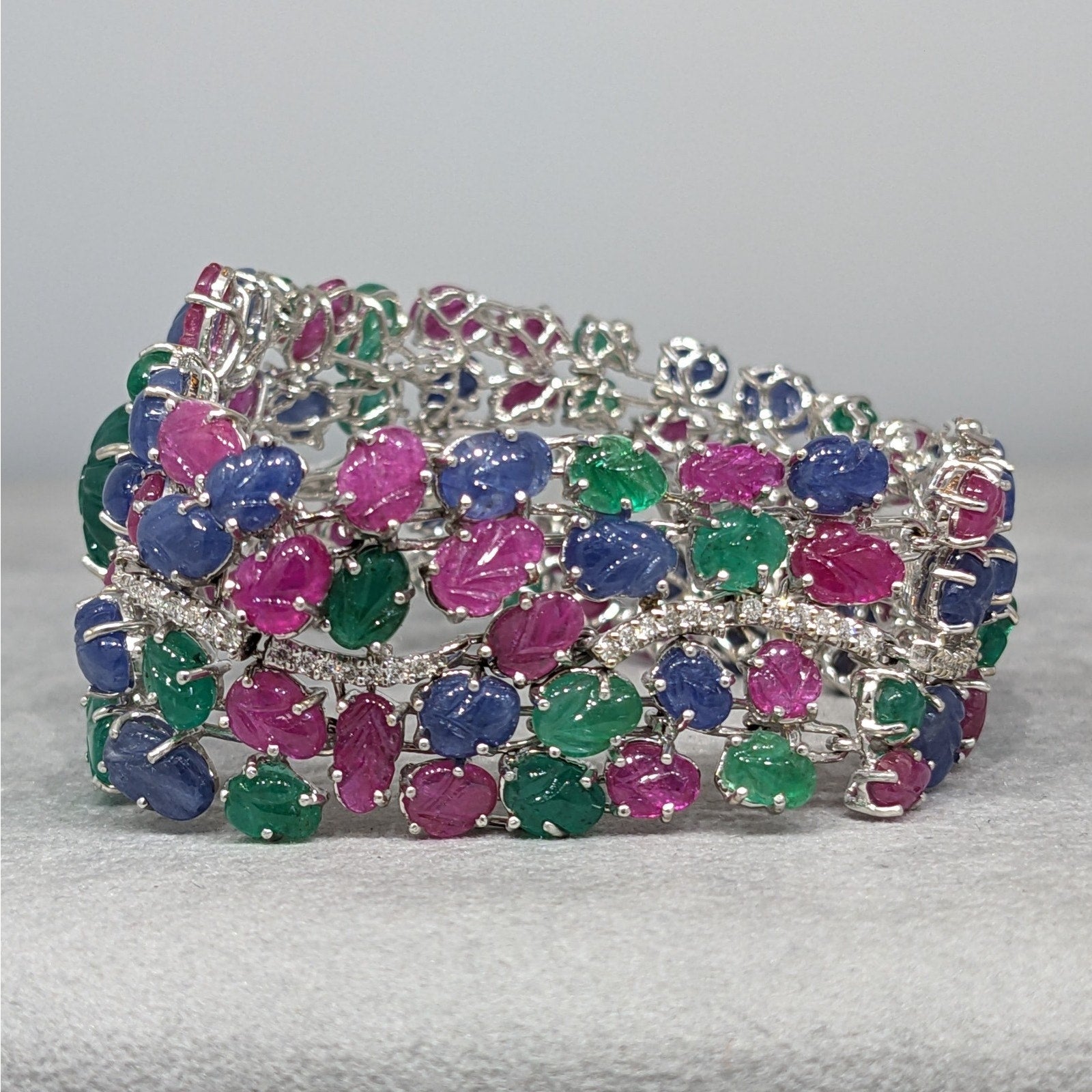 Carved Emerald, Ruby & Sapphire Bracelet with Diamonds in 18k White Gold