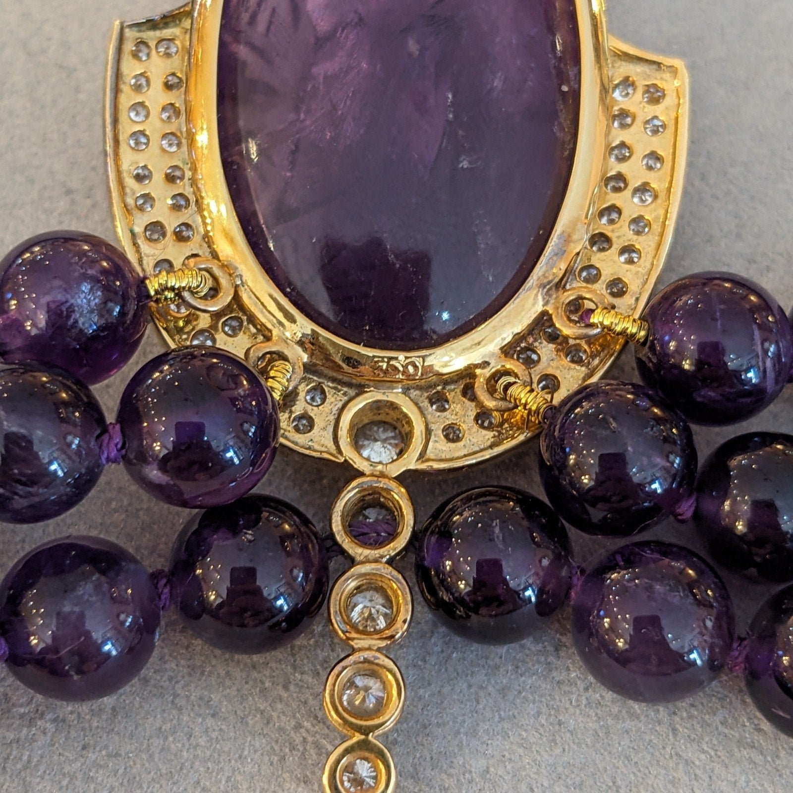 Carved Amethyst and Diamond Pendant Bead Necklace in 18k Yellow Gold