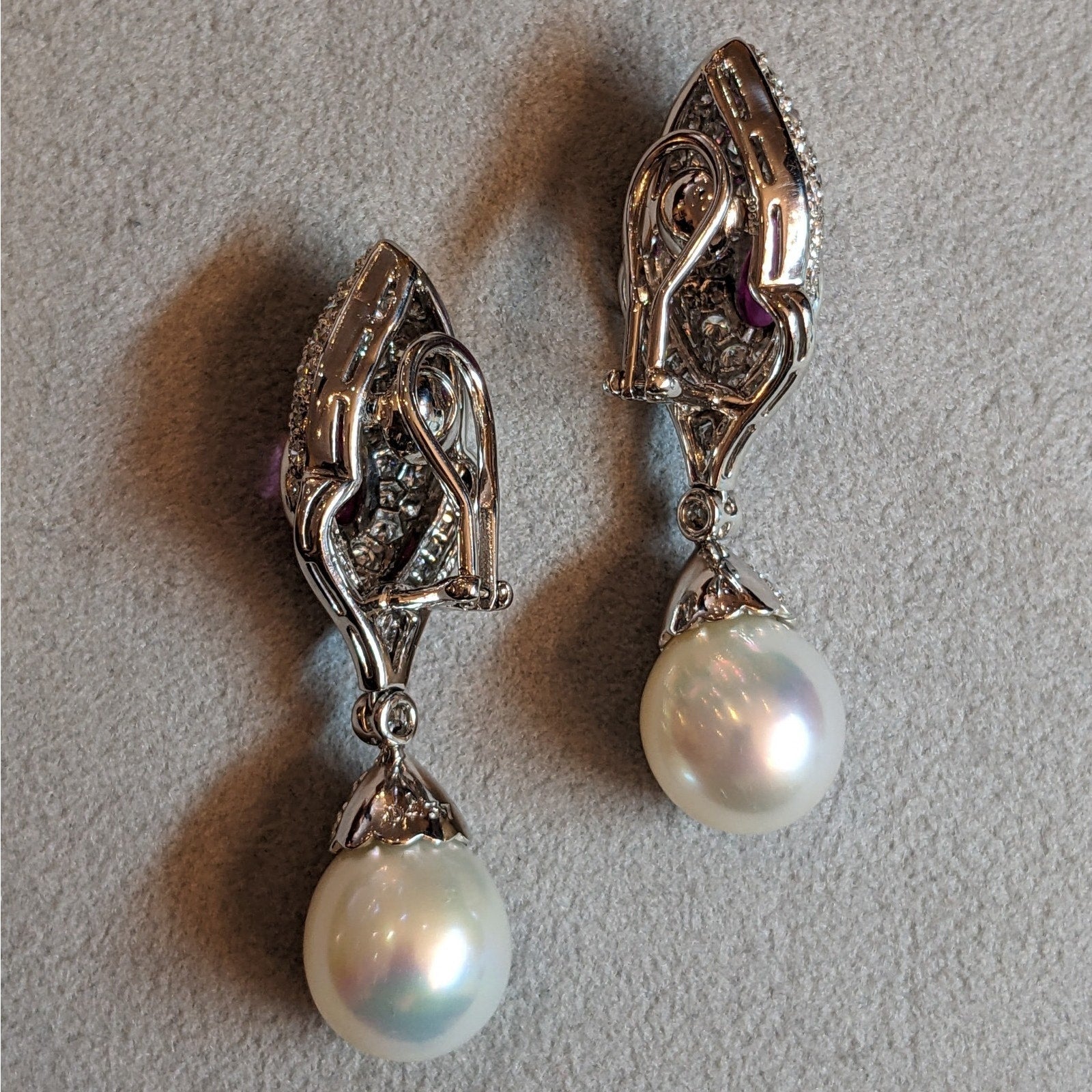 Natural Ruby, Diamond and Pearl Drop Earrings in Platinum