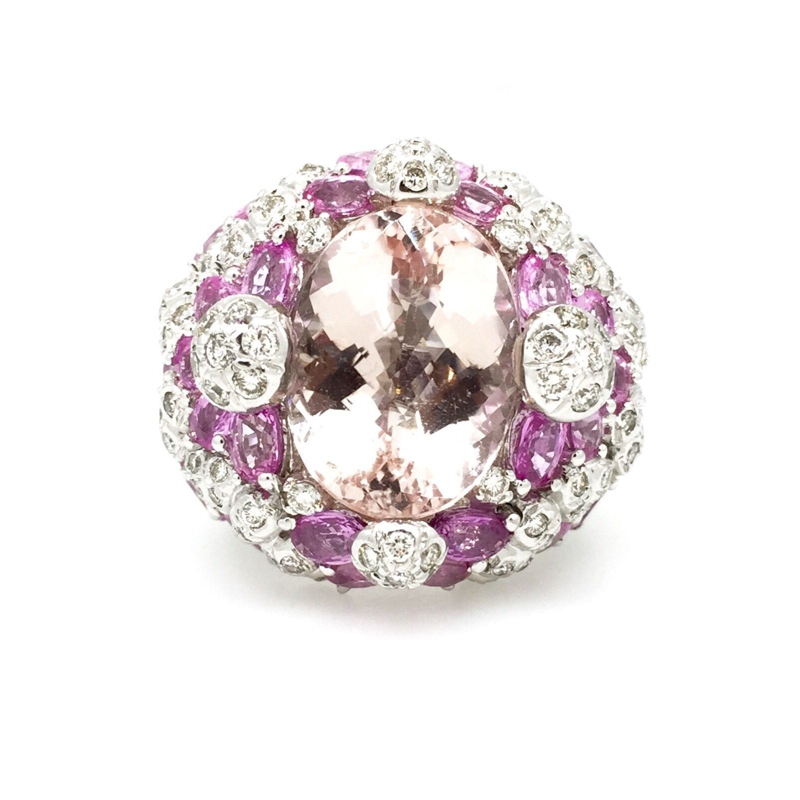Kunzite, Pink Sapphire & Diamond Cocktail Ring in 18k White Gold