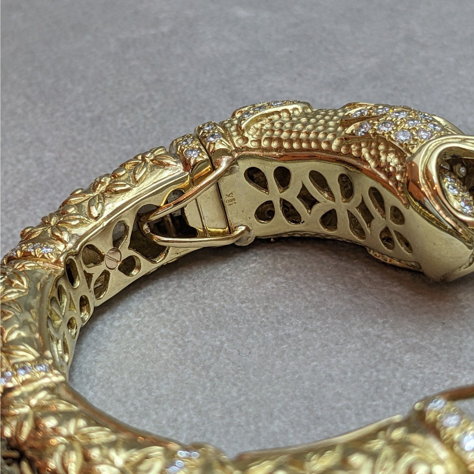 Heavy Diamond Hinged Fish Cuff Bracelet in Textured 18k Yellow Gold