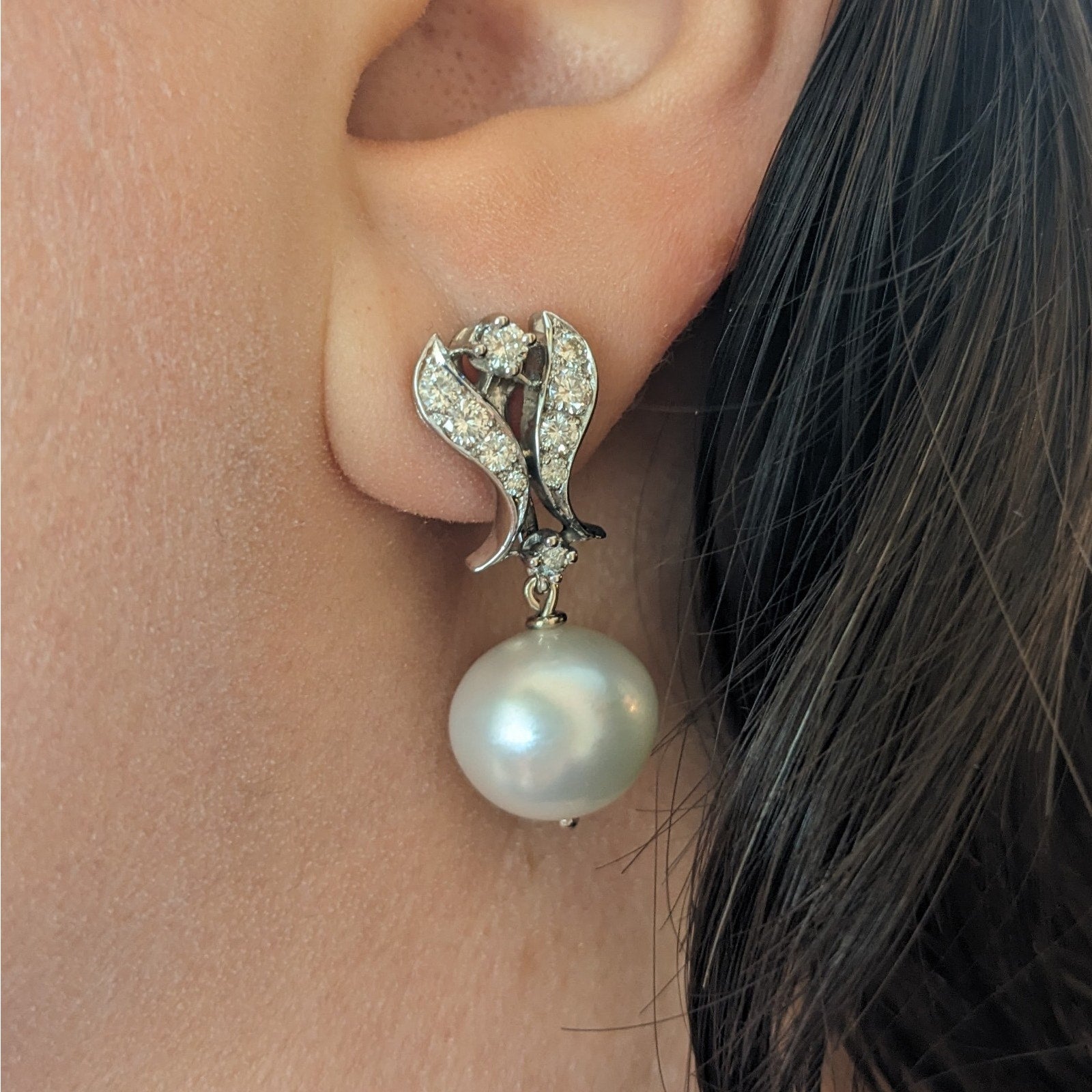 Vintage Diamond Dangle Earrings with Pearl Drop in 14k White Gold