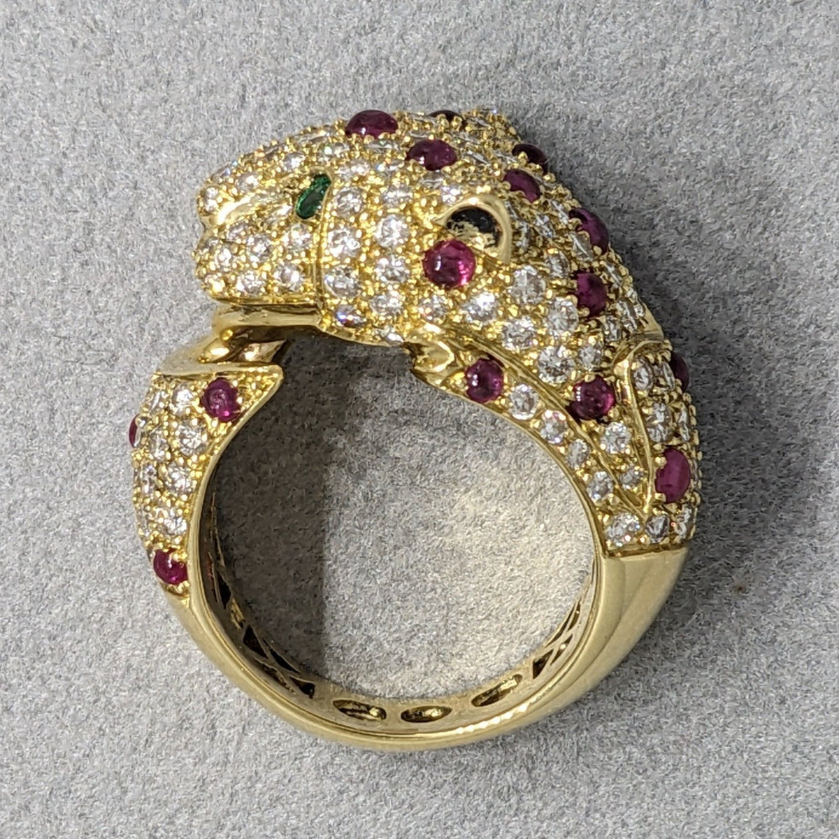 Pave Diamond and Ruby Panther Wrap Ring in 18k Yellow Gold