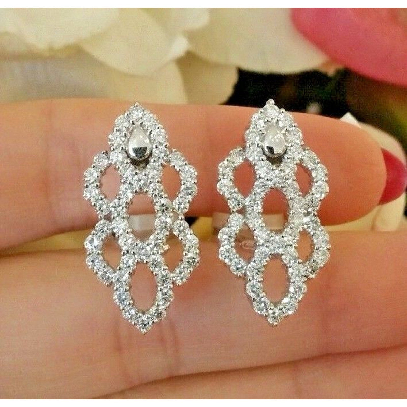 2.56 ct Diamond Earrings -Honeycomb Design- in 18k & 14k White Gold