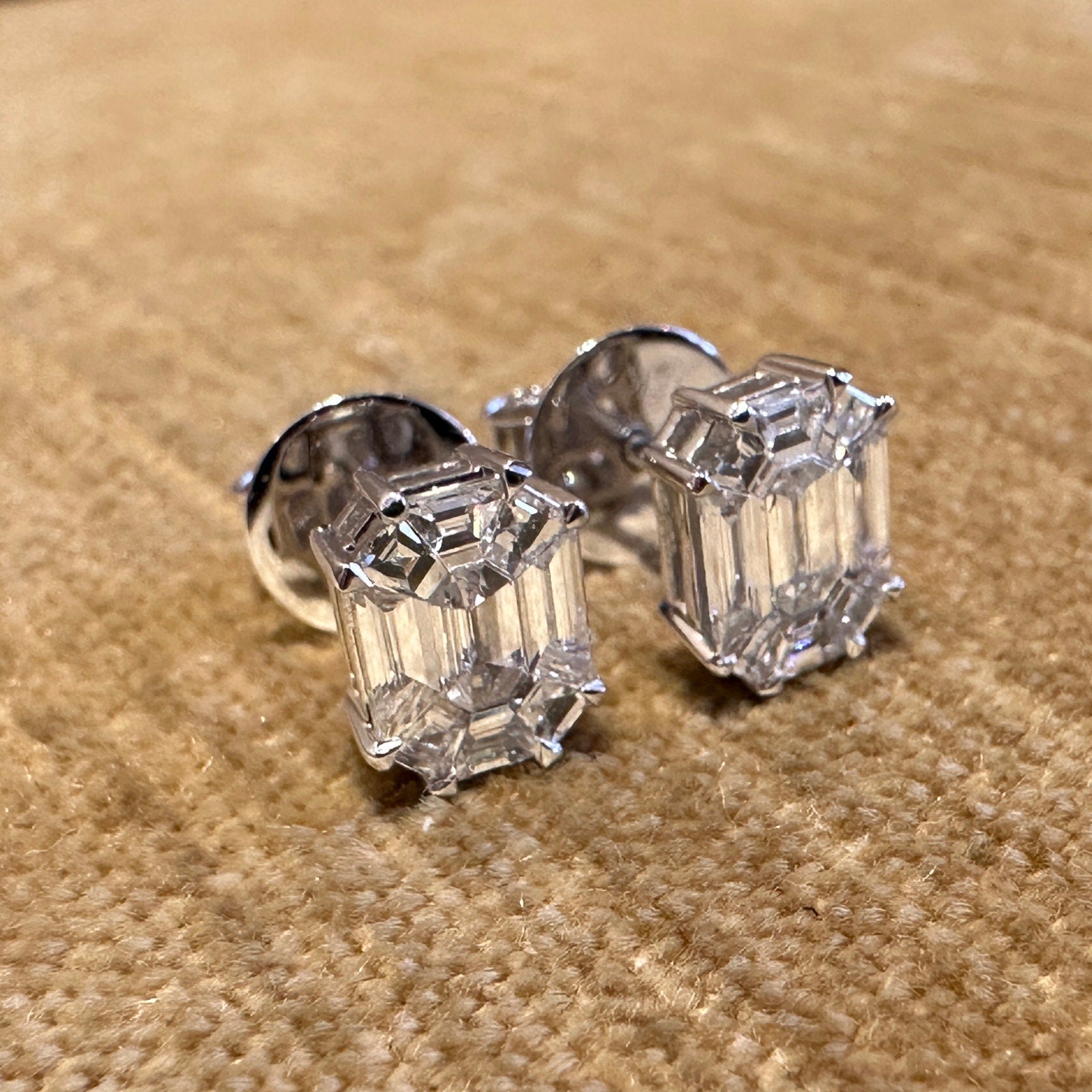 Illusion set Emerald Shape Diamond Stud Earrings in 18k White Gold - HM2624SS