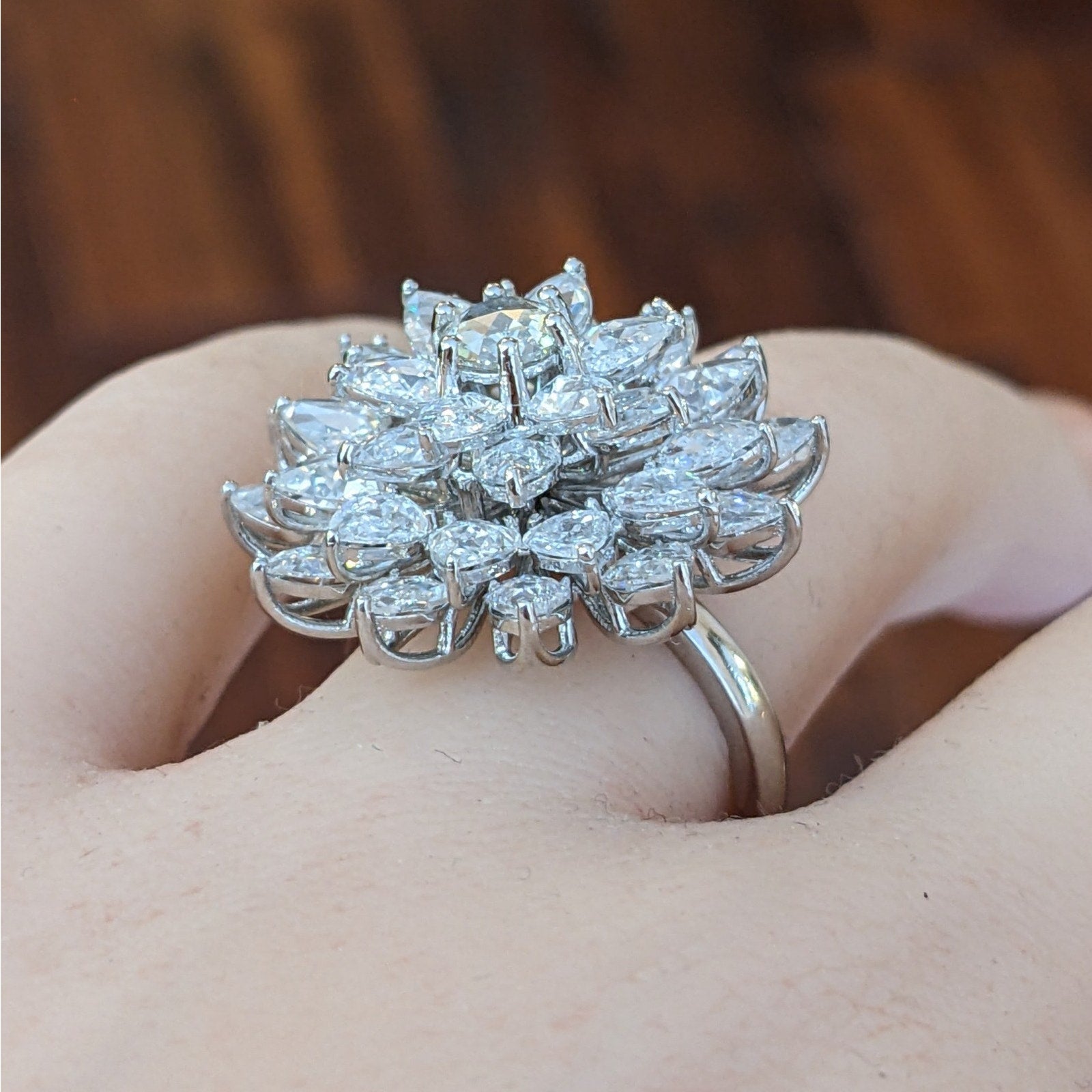 Natural Diamond Flower Cluster Flower Cocktail Ring in 18k White Gold