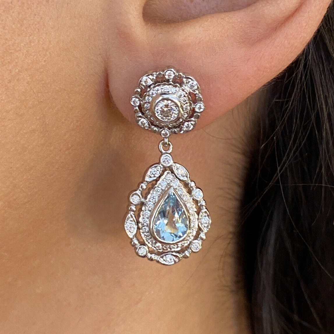 Doris Panos Aquamarine & Diamond Drop Earrings in 18k White Gold -- HM