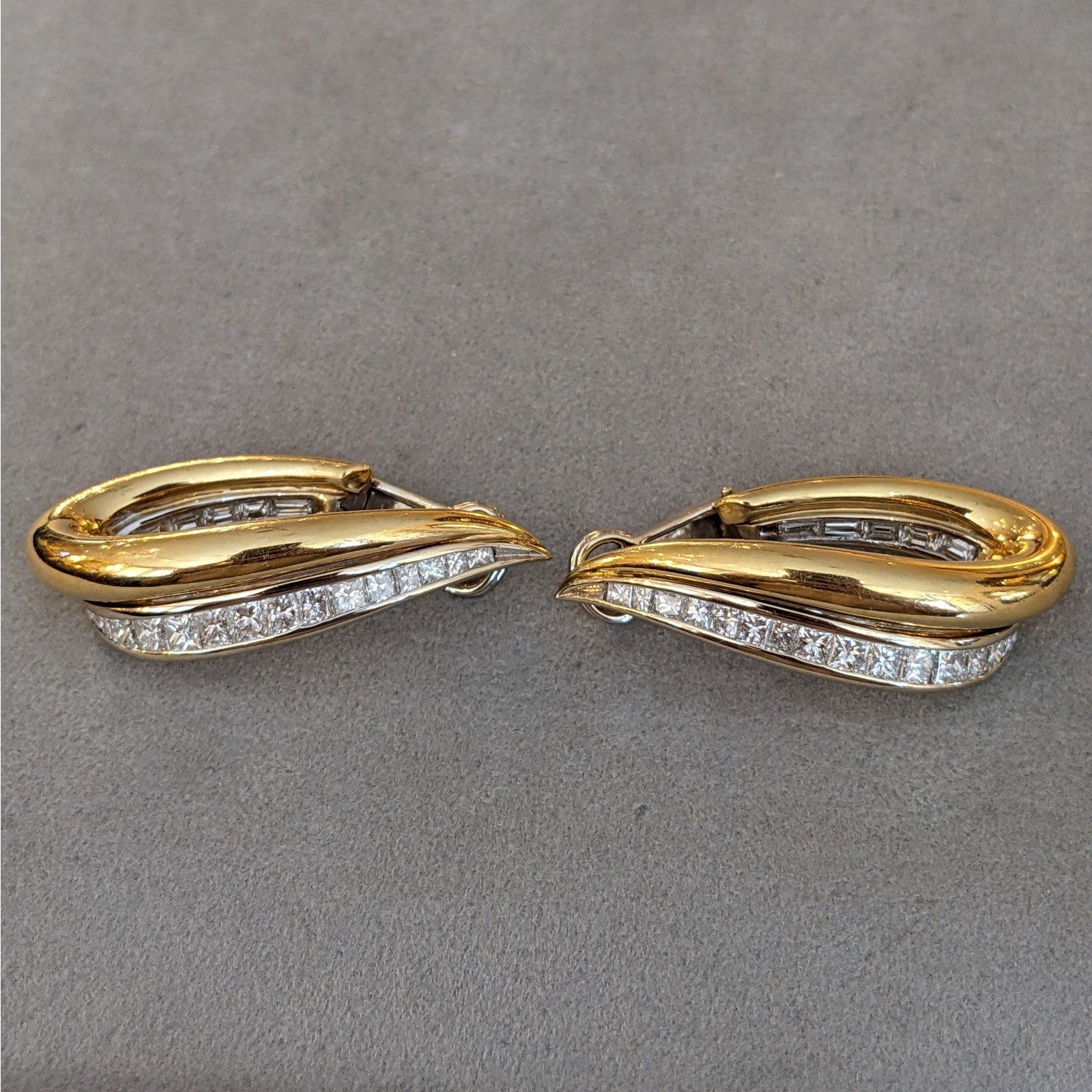 Princess and Baguette Diamond Hoop Earrings in 18k White/Yellow Gold