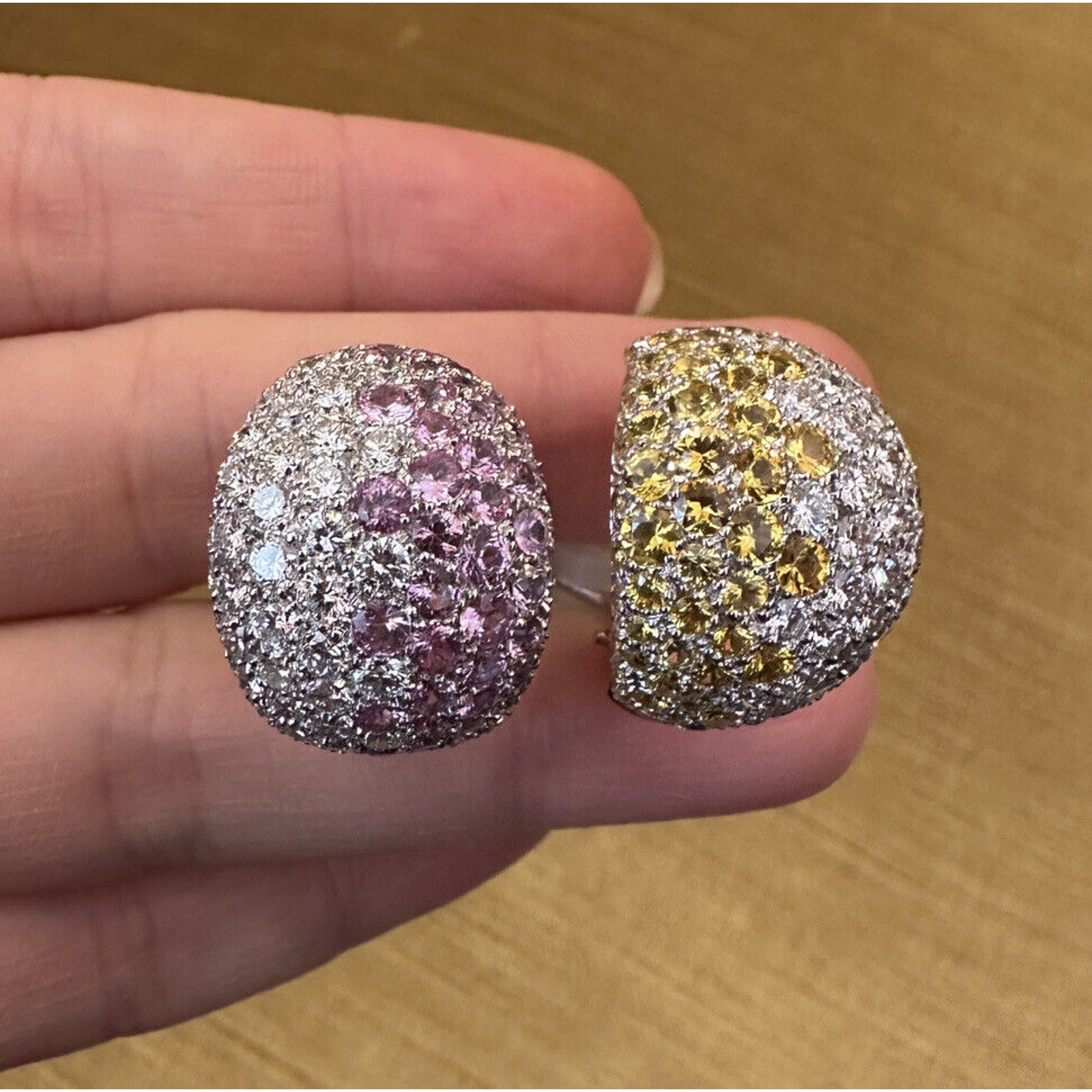 Diamond & Pink/Yellow Sapphire Dome Half-hoop Earrings 18k White Gold - HM1456AR