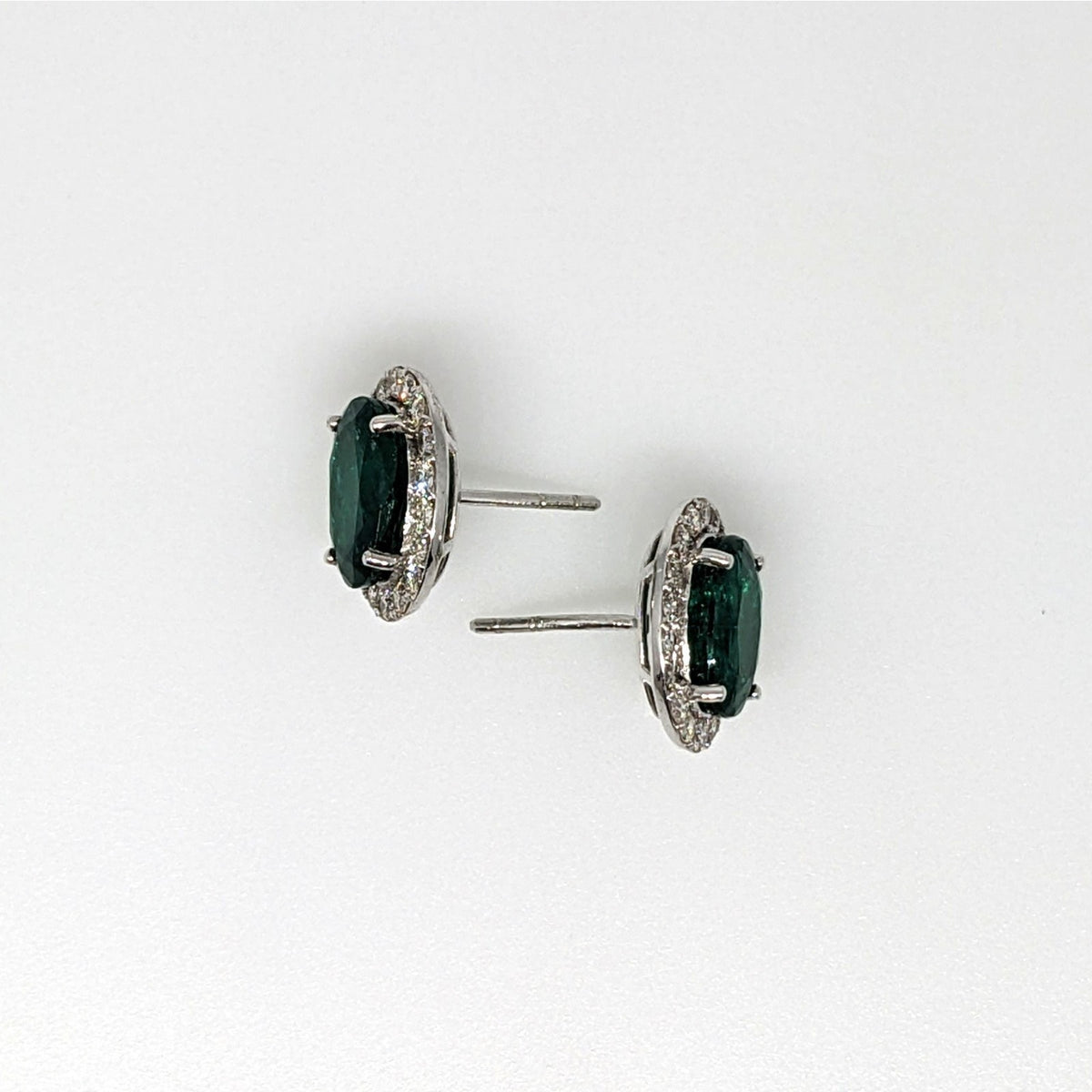 Natural Emerald Oval Stud Earrings with Diamonds in 14k White Gold