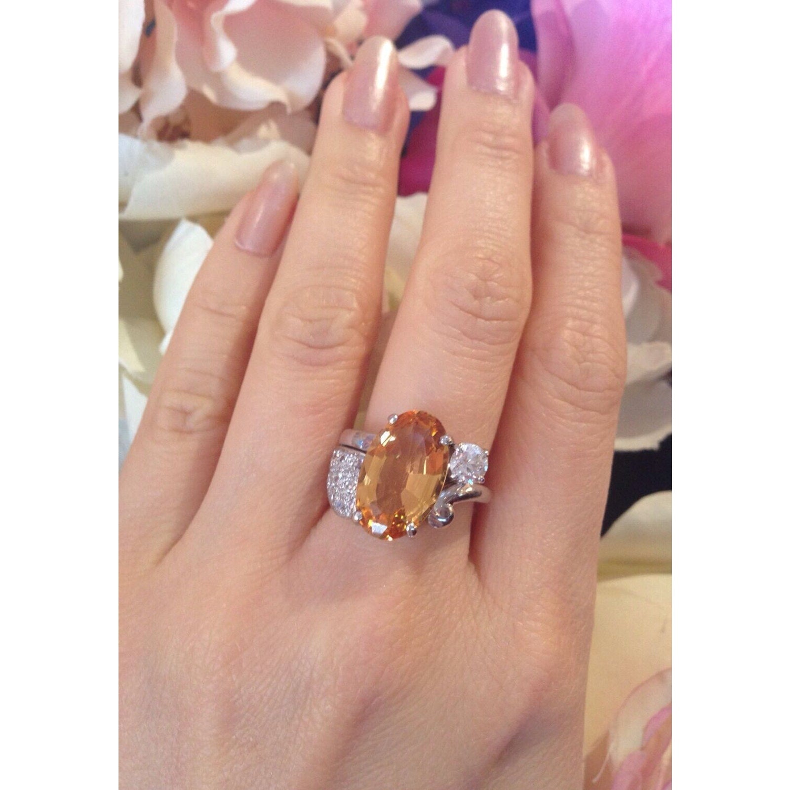 GIA certified 6.78 ct Yellow-Orange Topaz and Diamond Ring in Platinum