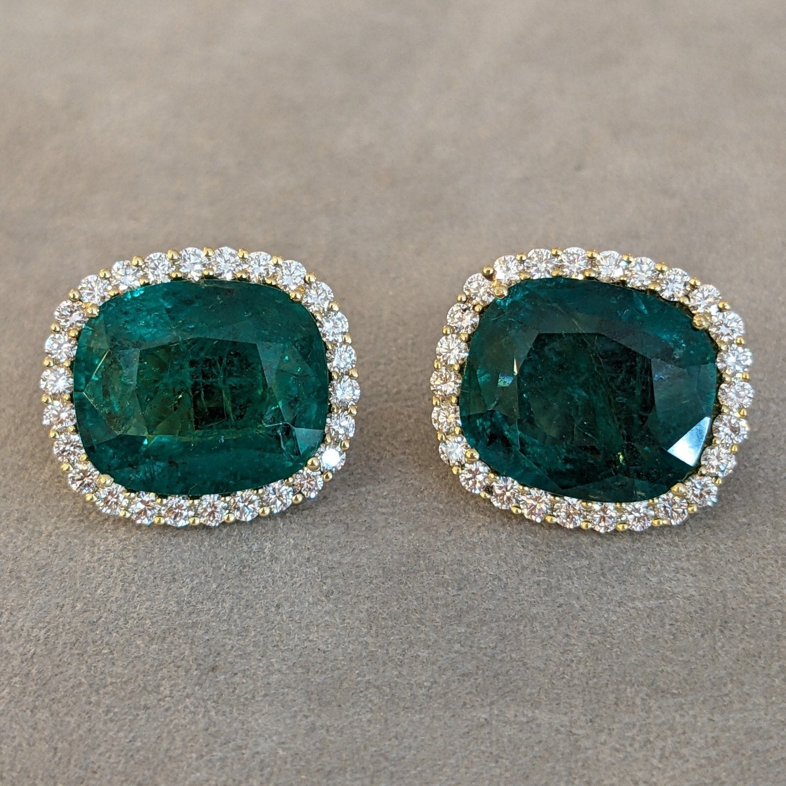 AGL 29.15 cts Cushion Emerald Halo Diamond Earrings 18k Yellow Gold