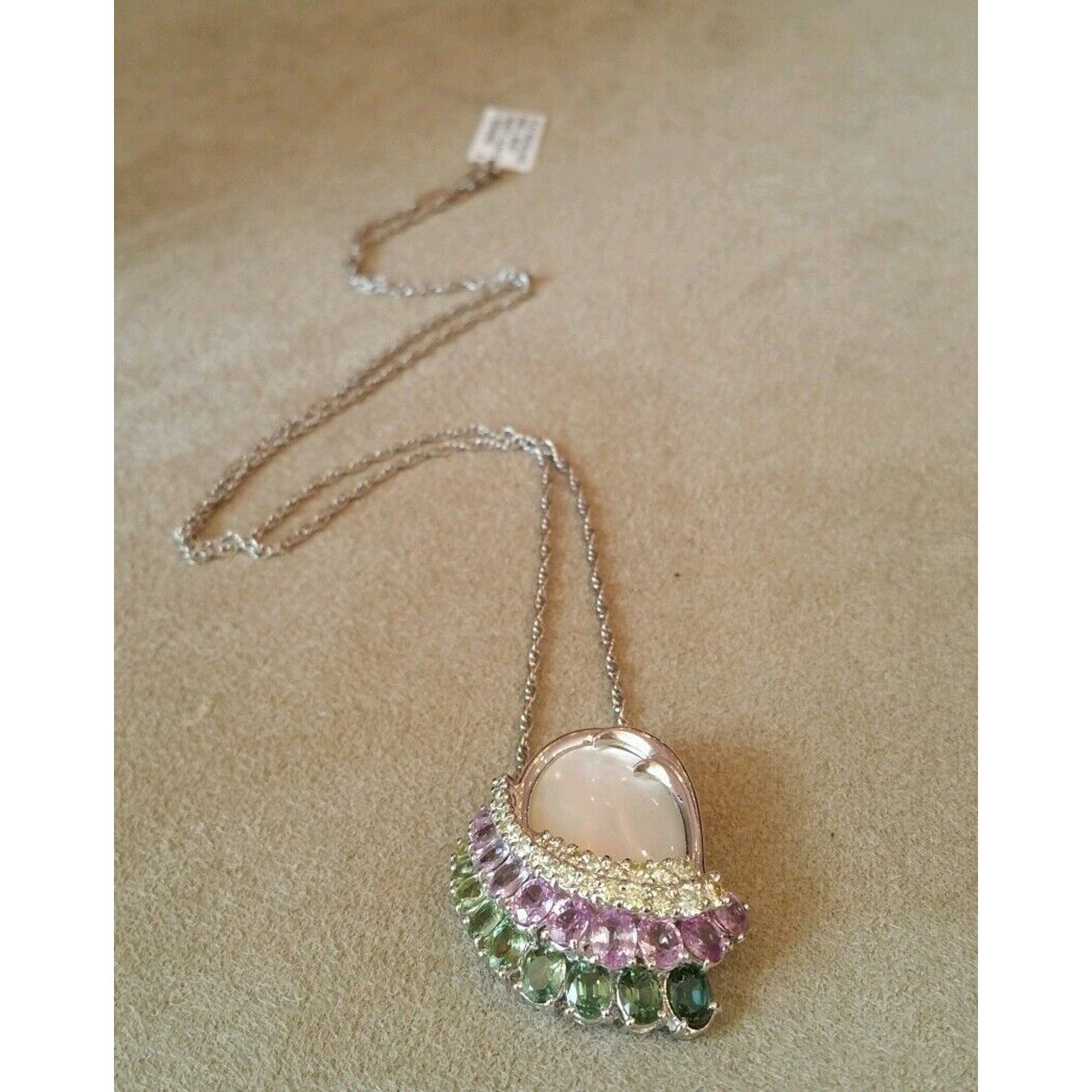Pink & Green Sapphire, Diamond and Mother of Pearl Necklace in Platinum