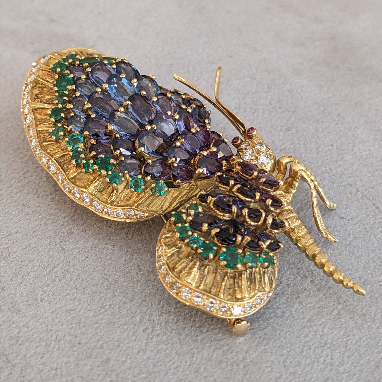Large Sapphire, Emerald, and Diamond Butterfly Pin in 18k Yellow Gold