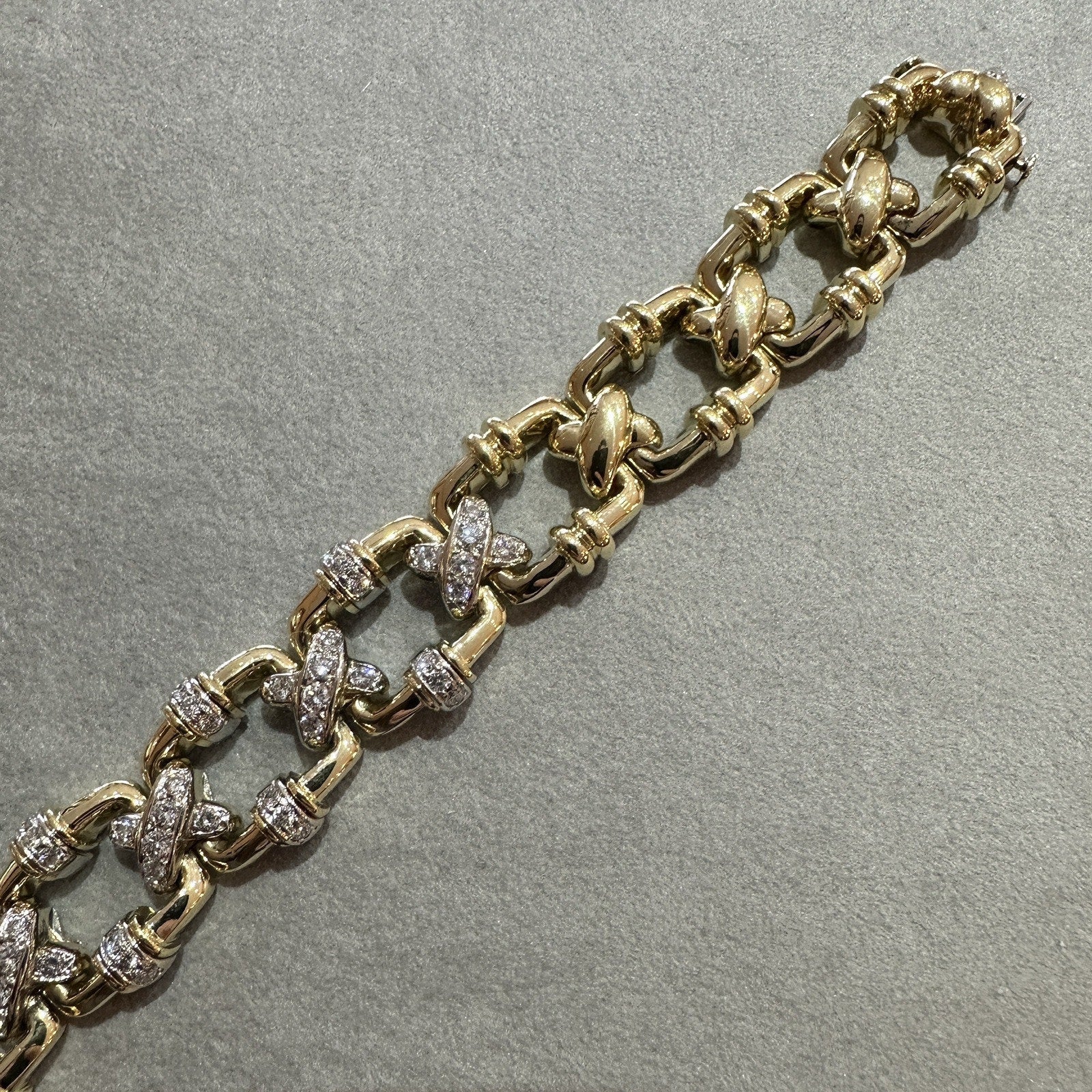 Heavy Vintage X Bracelet with Diamond Links in 18k Yellow Gold